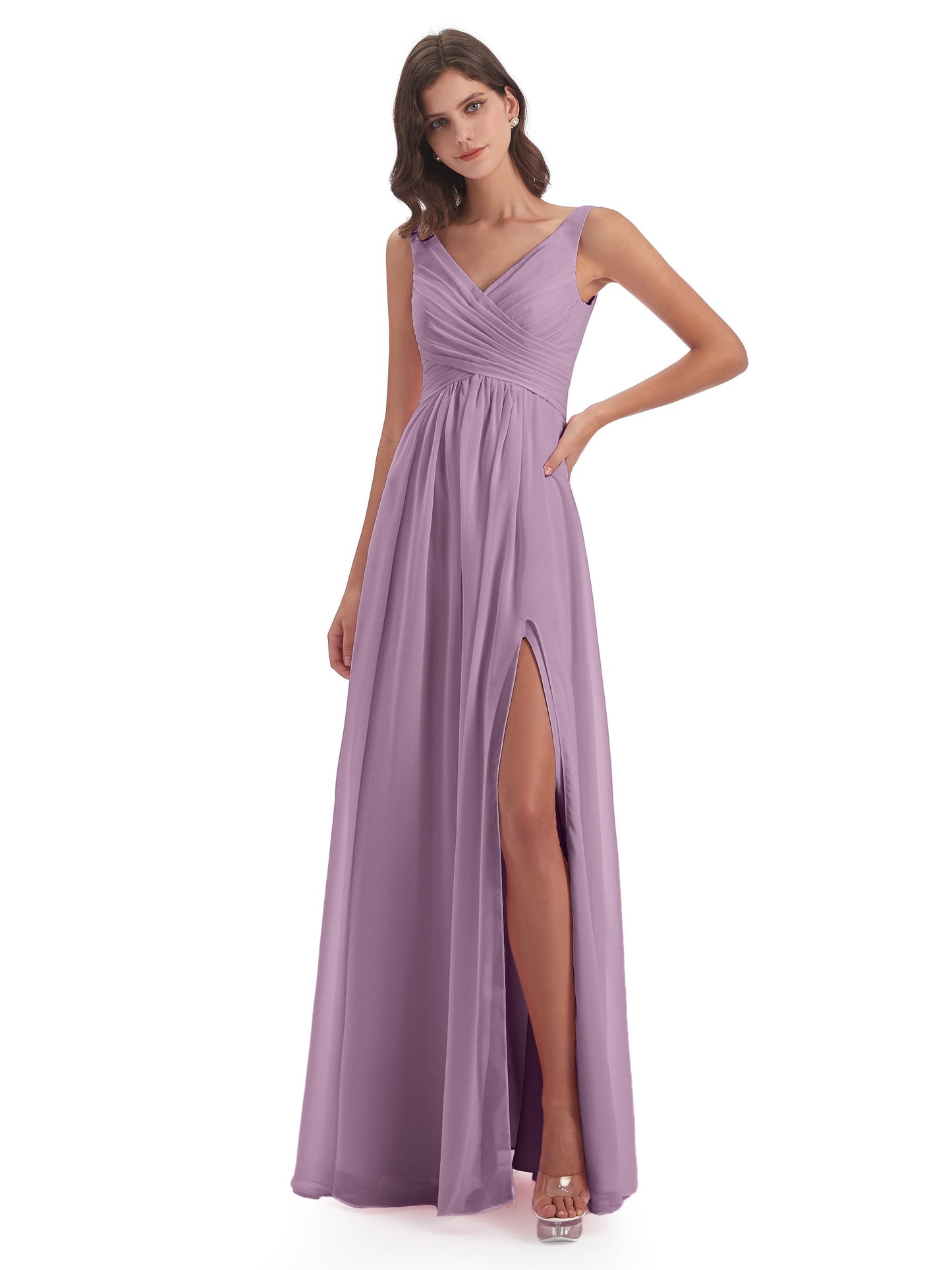 Jurnee Floor Length V-neck Ruched Chiffon Bridesmaid Dresses
