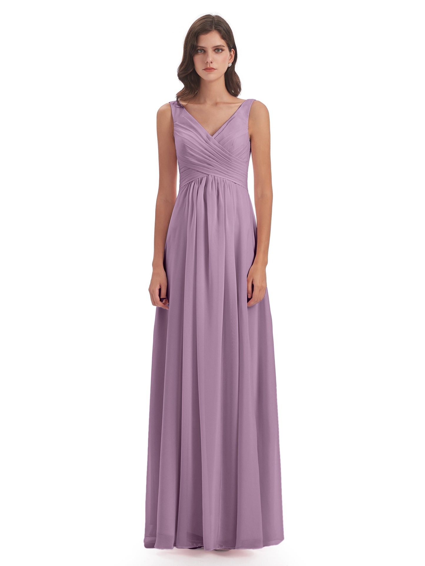 Jurnee Floor Length V-neck Ruched Chiffon Bridesmaid Dresses