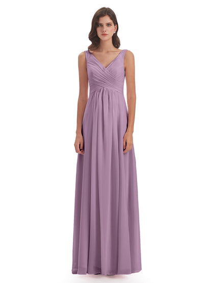 Jurnee Floor Length V-neck Ruched Chiffon Bridesmaid Dresses