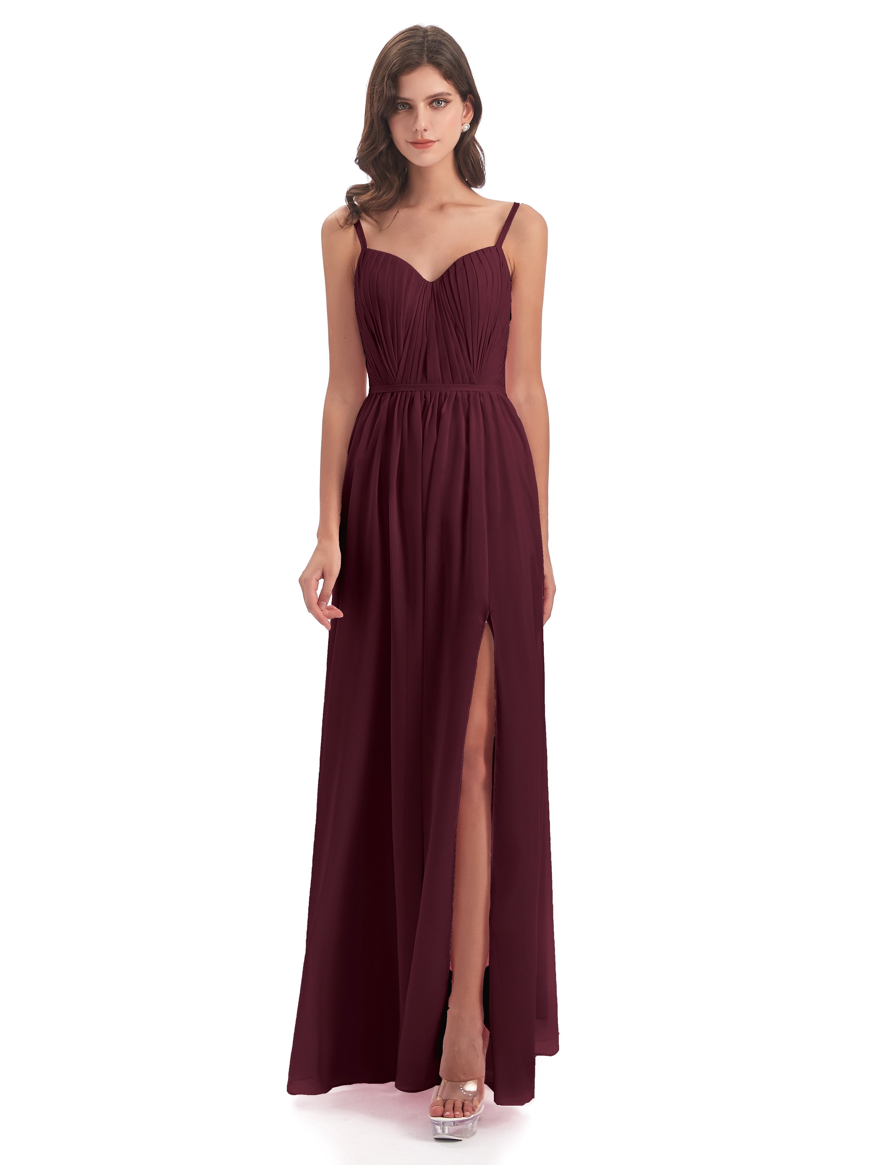 Kiana Spaghetti Straps Open Back Split Chiffon Long Bridesmaid Dresses