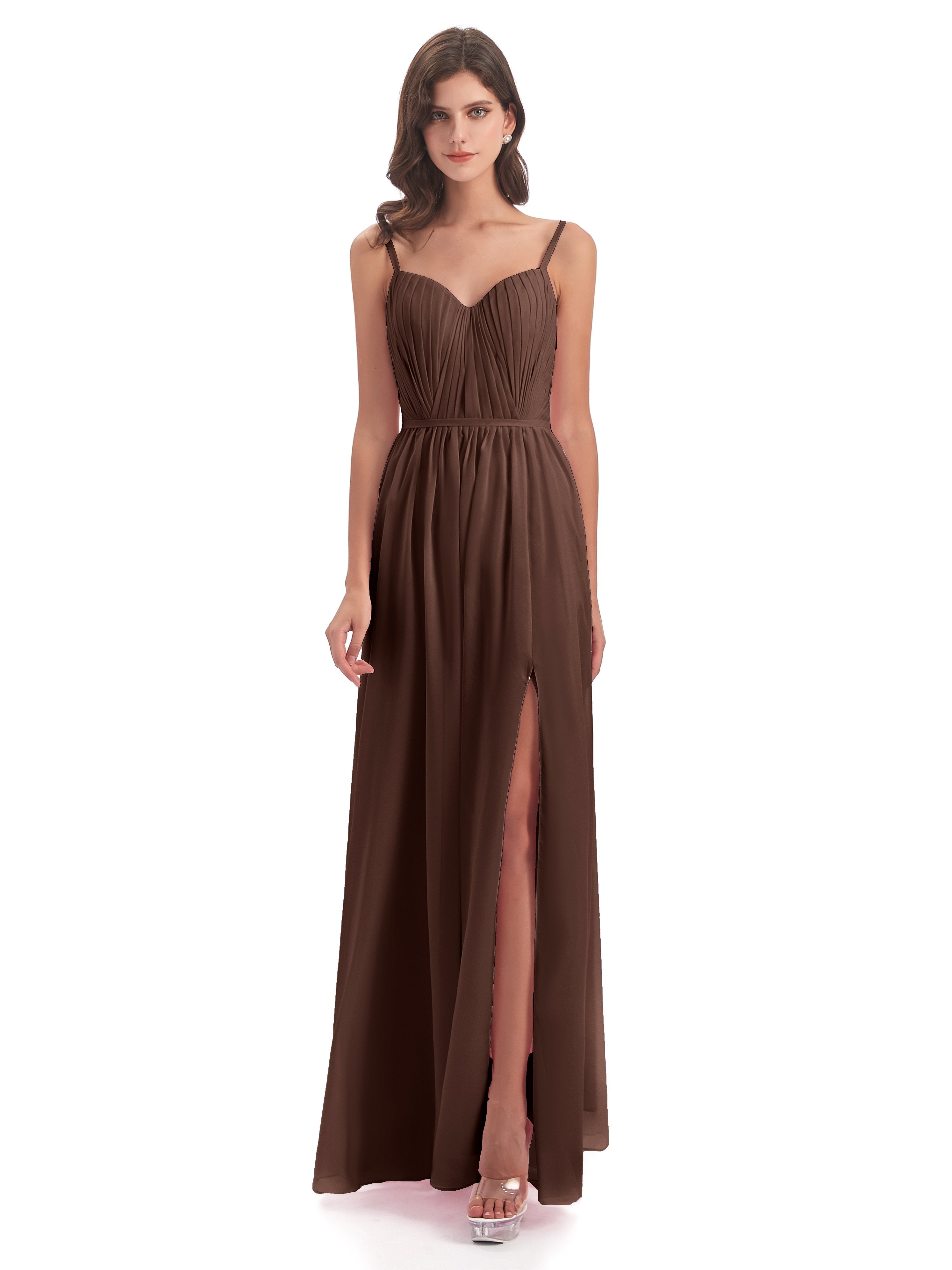 Kiana Spaghetti Straps Open Back Split Chiffon Long Bridesmaid Dresses
