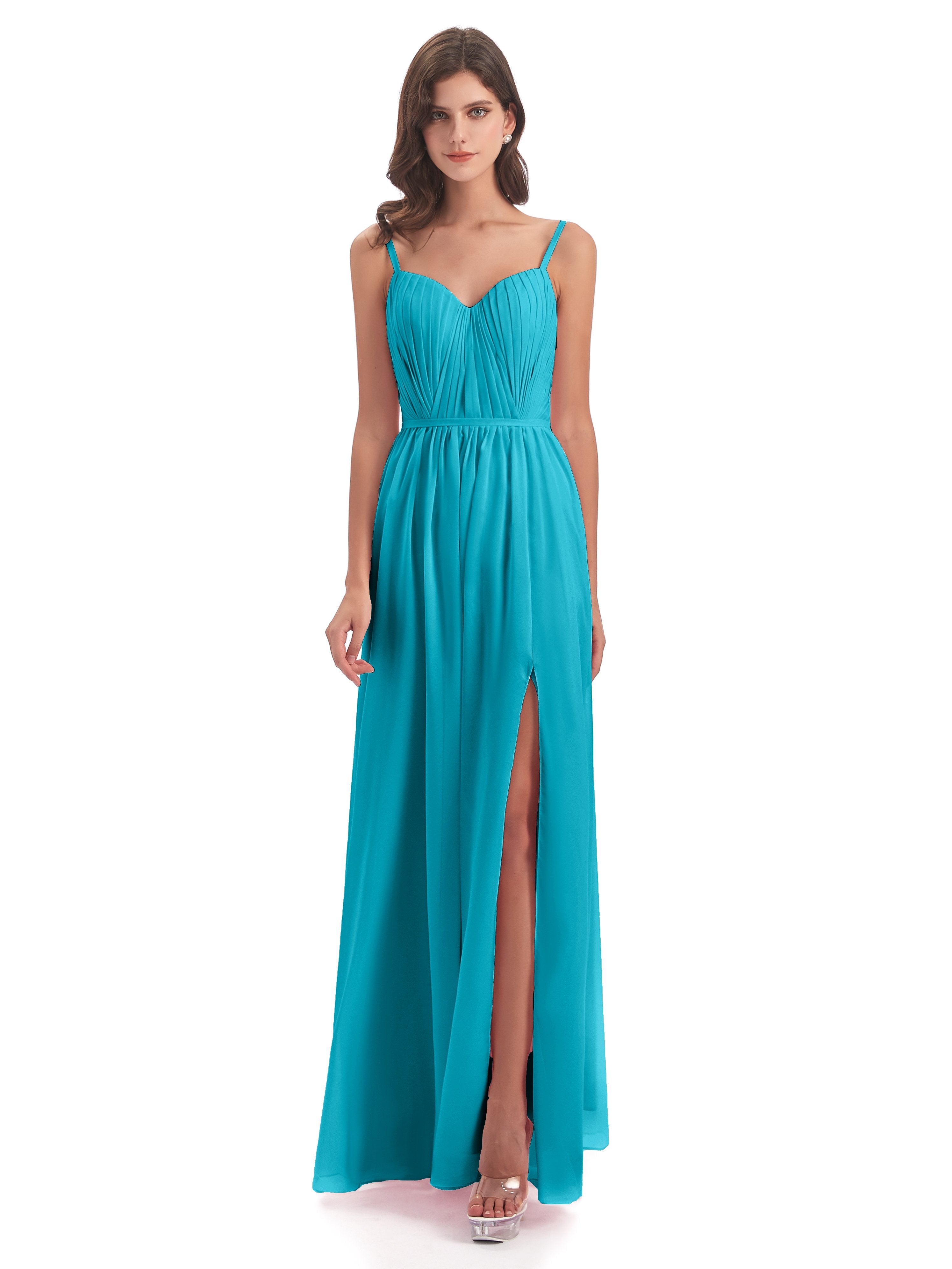 Kiana Spaghetti Straps Open Back Split Chiffon Long Bridesmaid Dresses