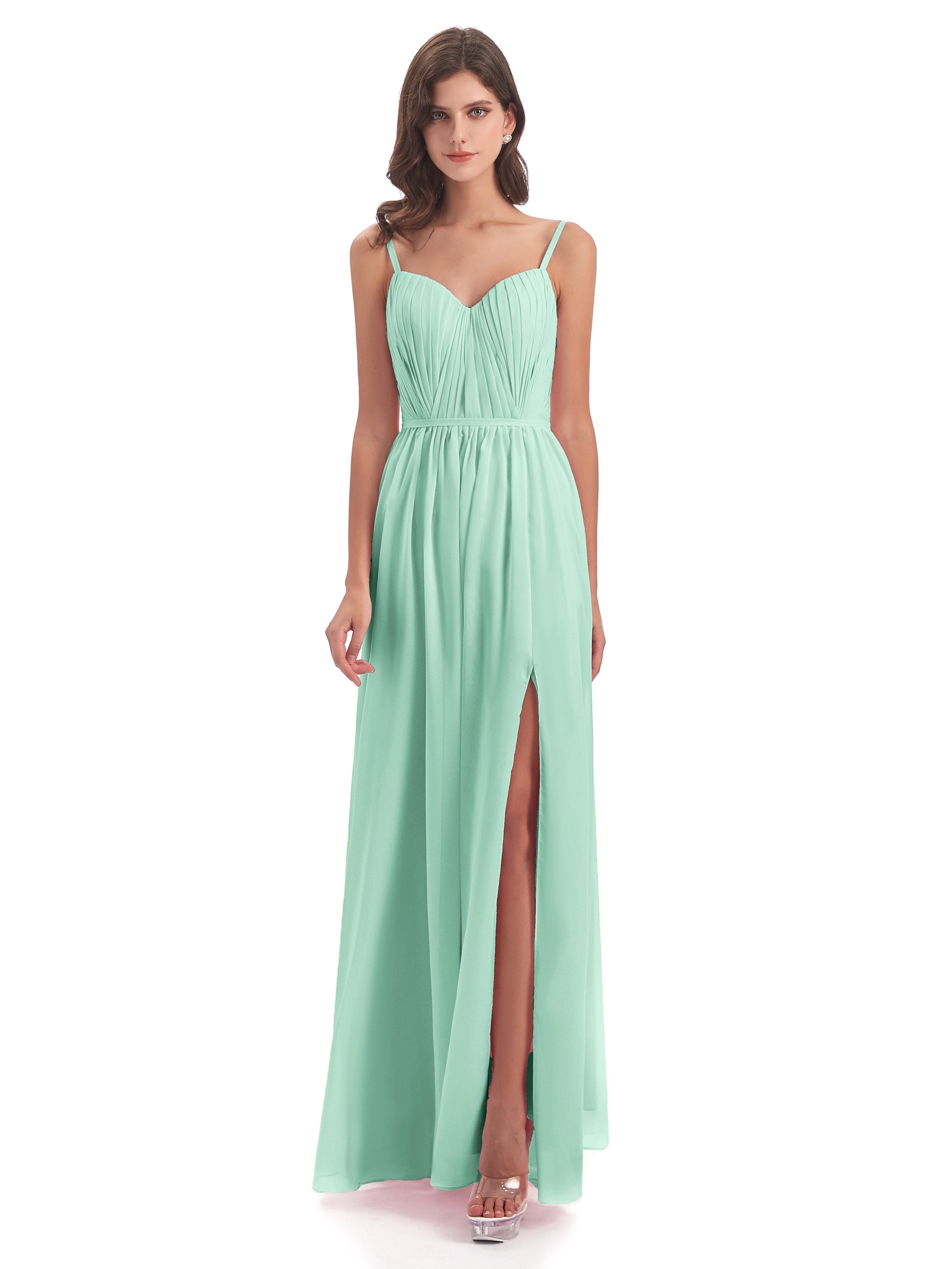 Kiana Spaghetti Straps Open Back Split Chiffon Long Bridesmaid Dresses