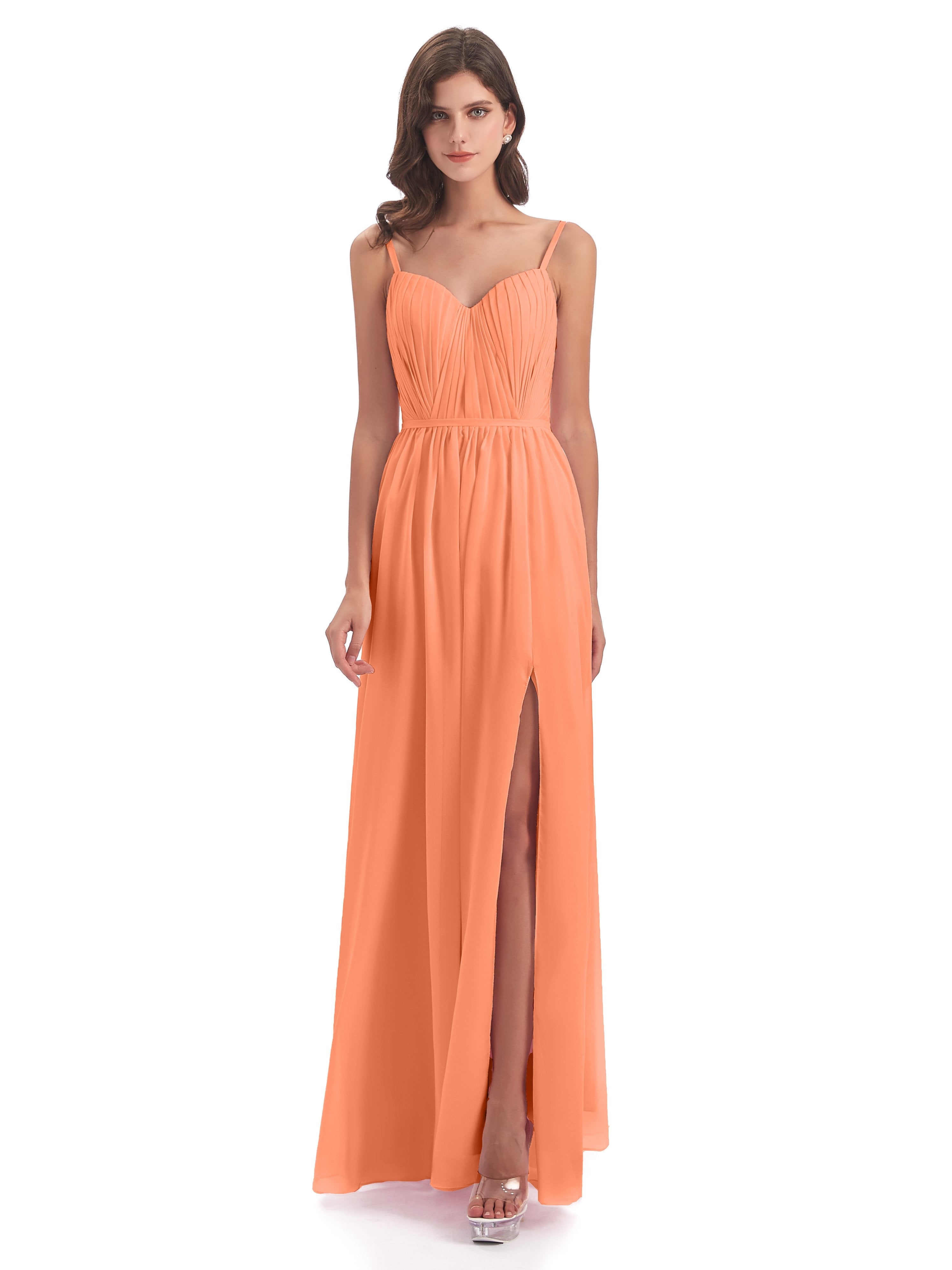 Kiana Spaghetti Straps Open Back Split Chiffon Long Bridesmaid Dresses