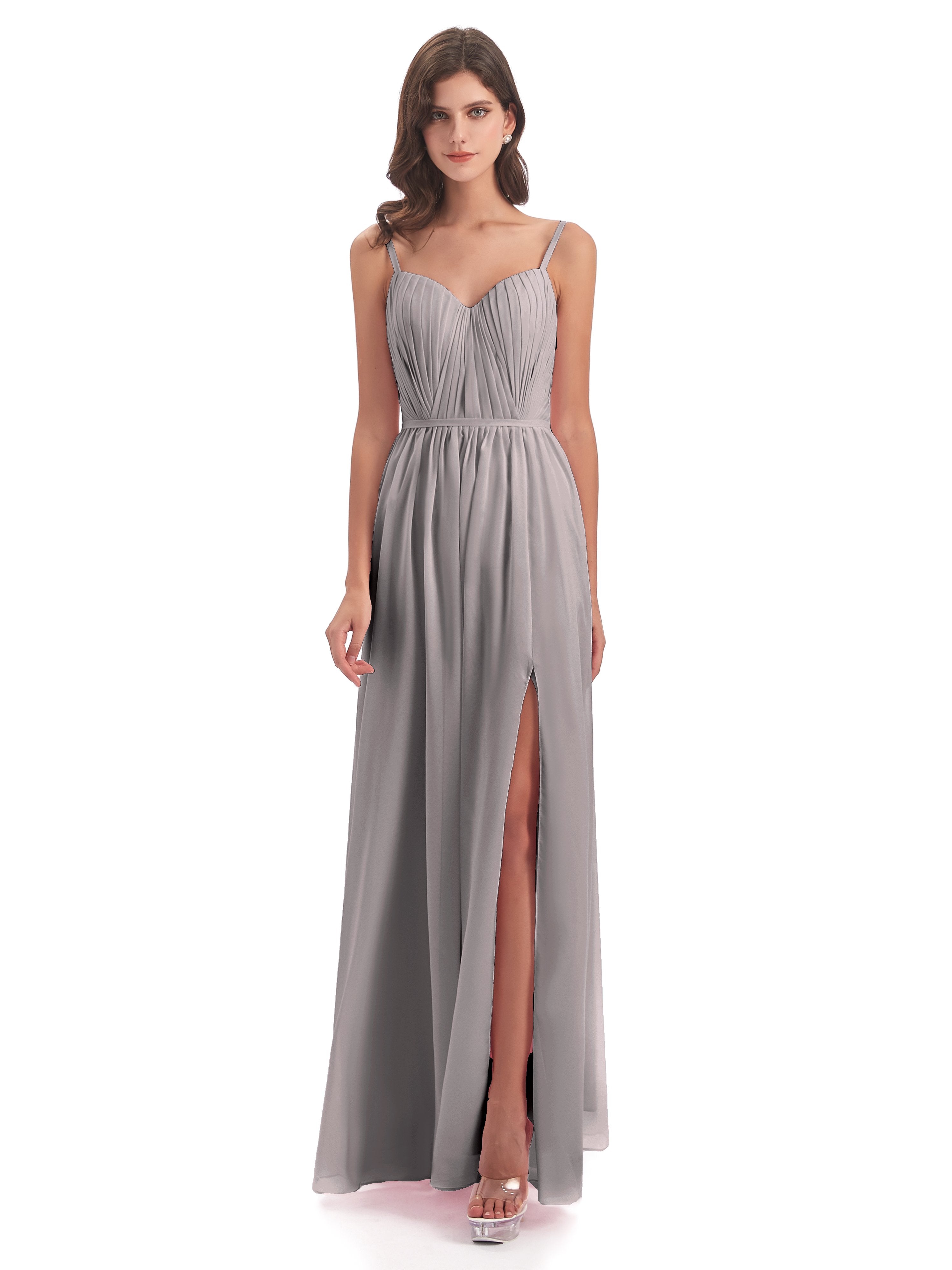 Kiana Spaghetti Straps Open Back Split Chiffon Long Bridesmaid Dresses