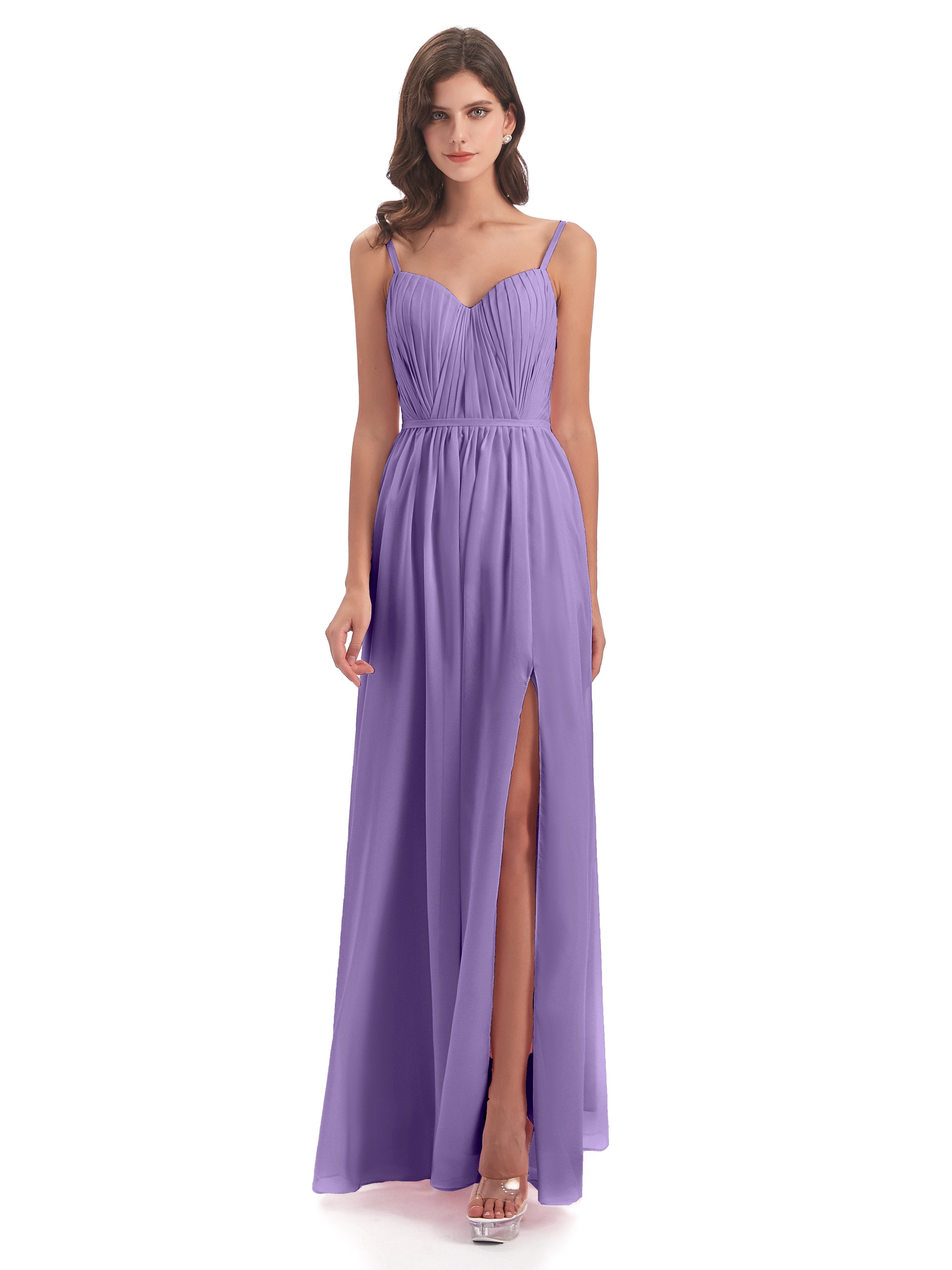 Kiana Spaghetti Straps Open Back Split Chiffon Long Bridesmaid Dresses
