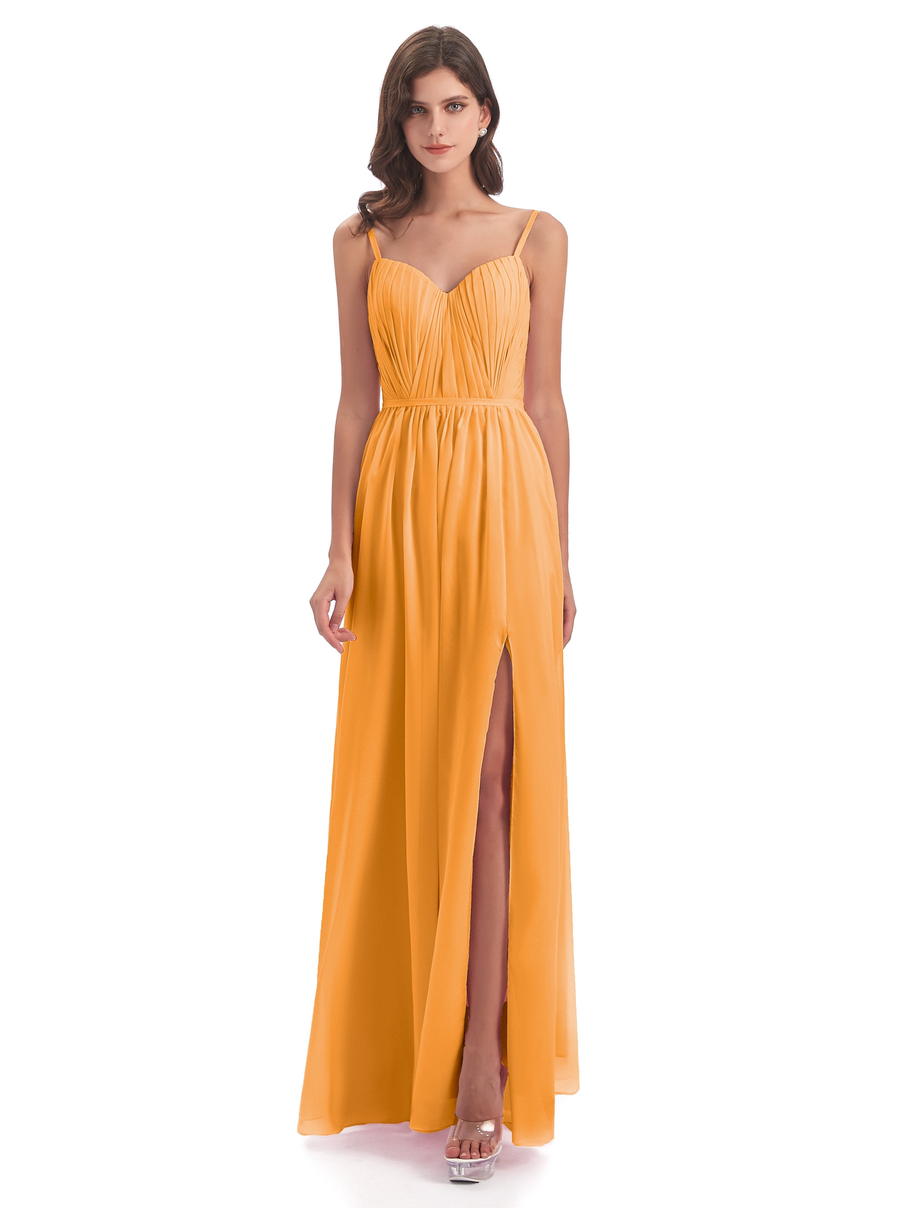 Kiana Spaghetti Straps Open Back Split Chiffon Long Bridesmaid Dresses