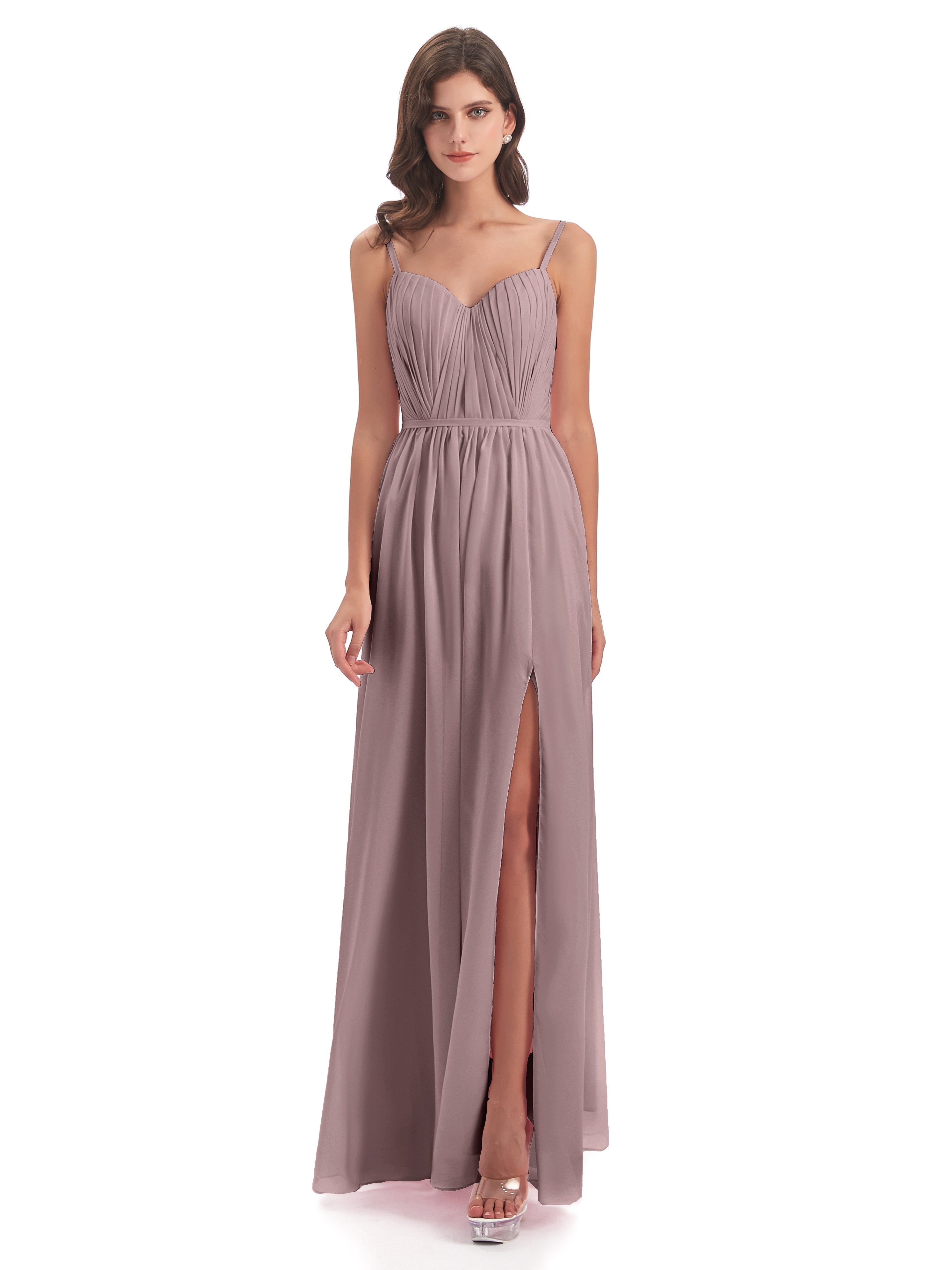 Kiana Spaghetti Straps Open Back Split Chiffon Long Bridesmaid Dresses