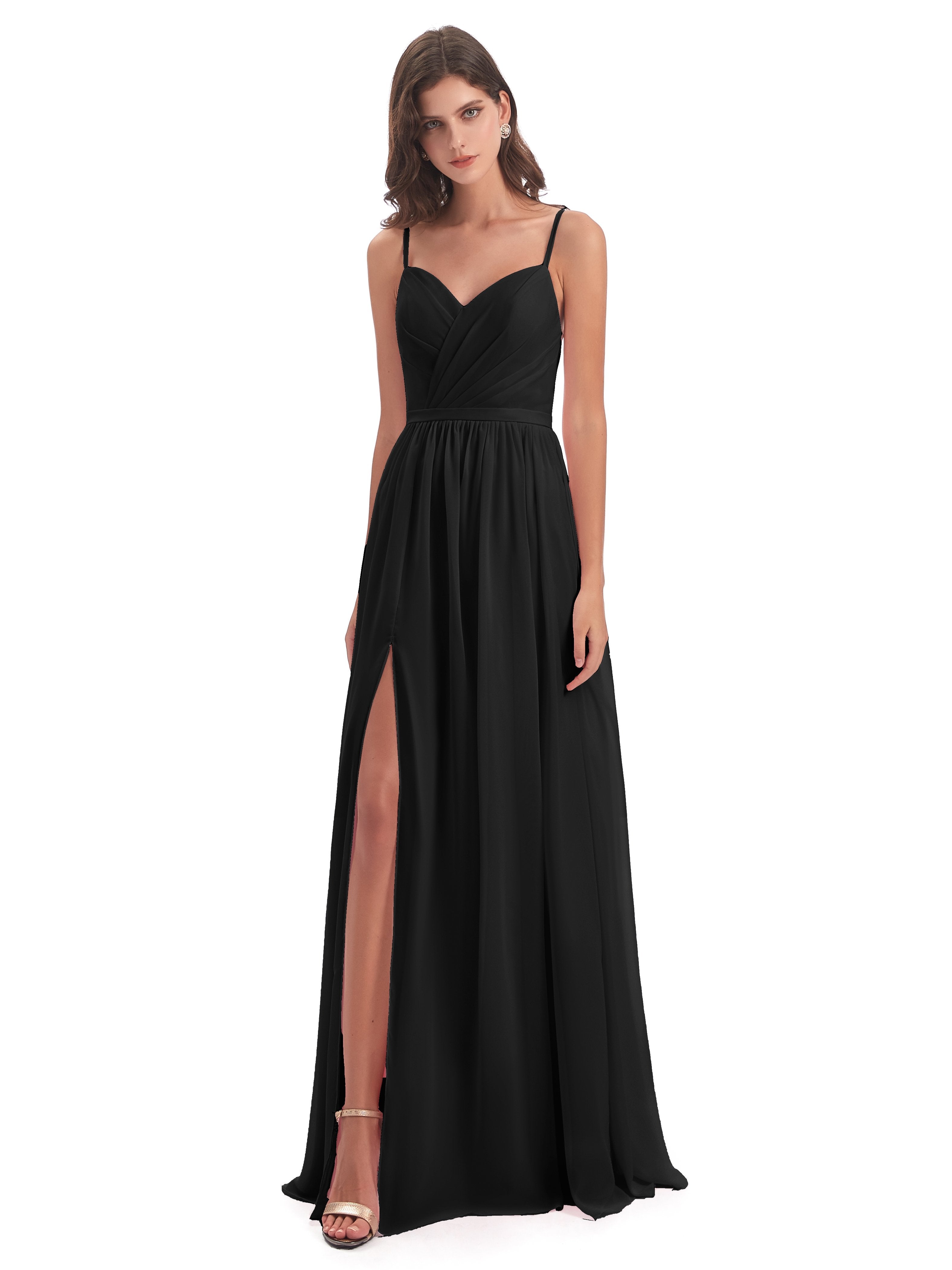 Kimora Spaghetti Straps Chiffon Long Bridesmaid Dresses with Slit