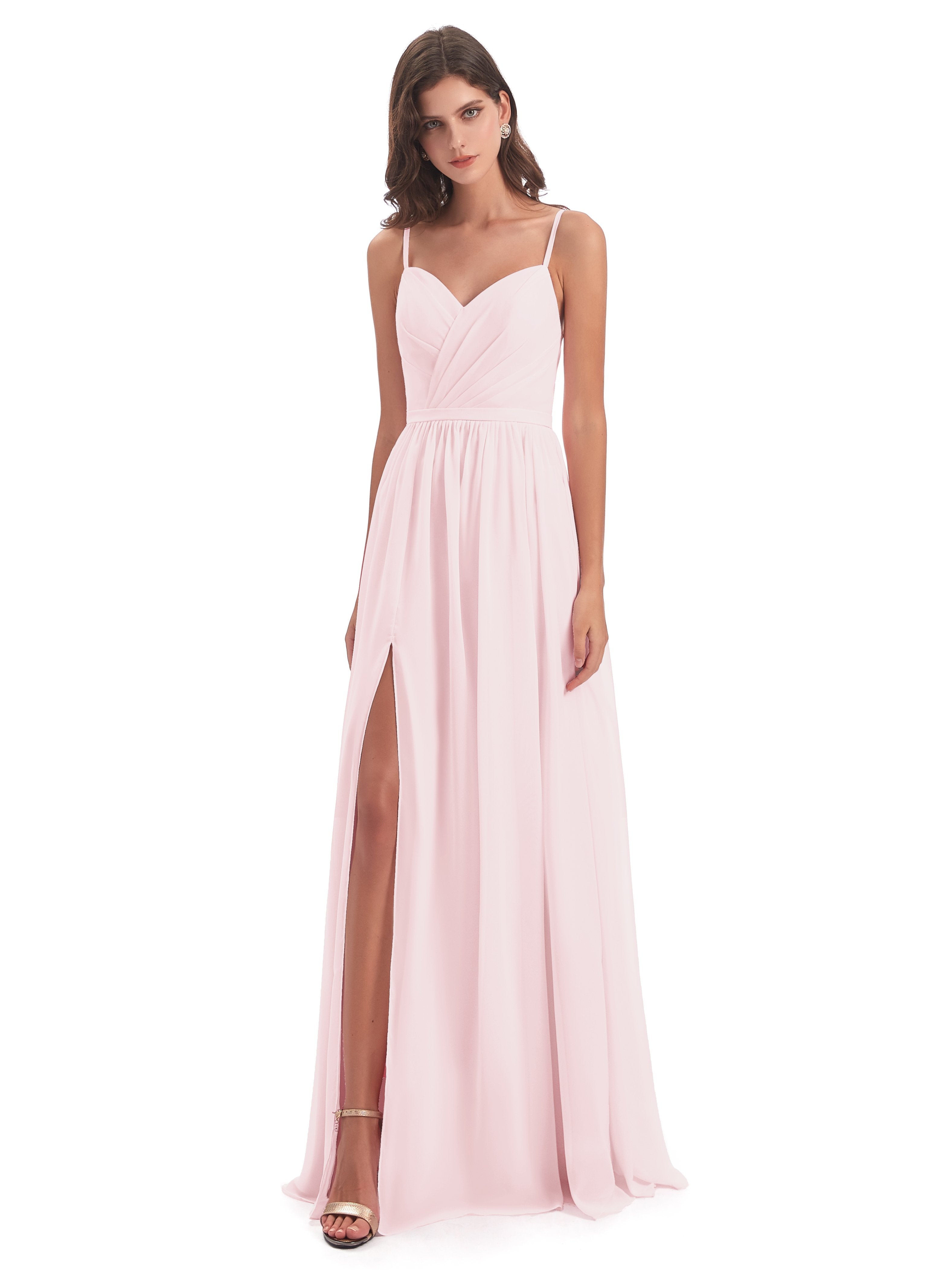 Kimora Spaghetti Straps Chiffon Long Bridesmaid Dresses with Slit