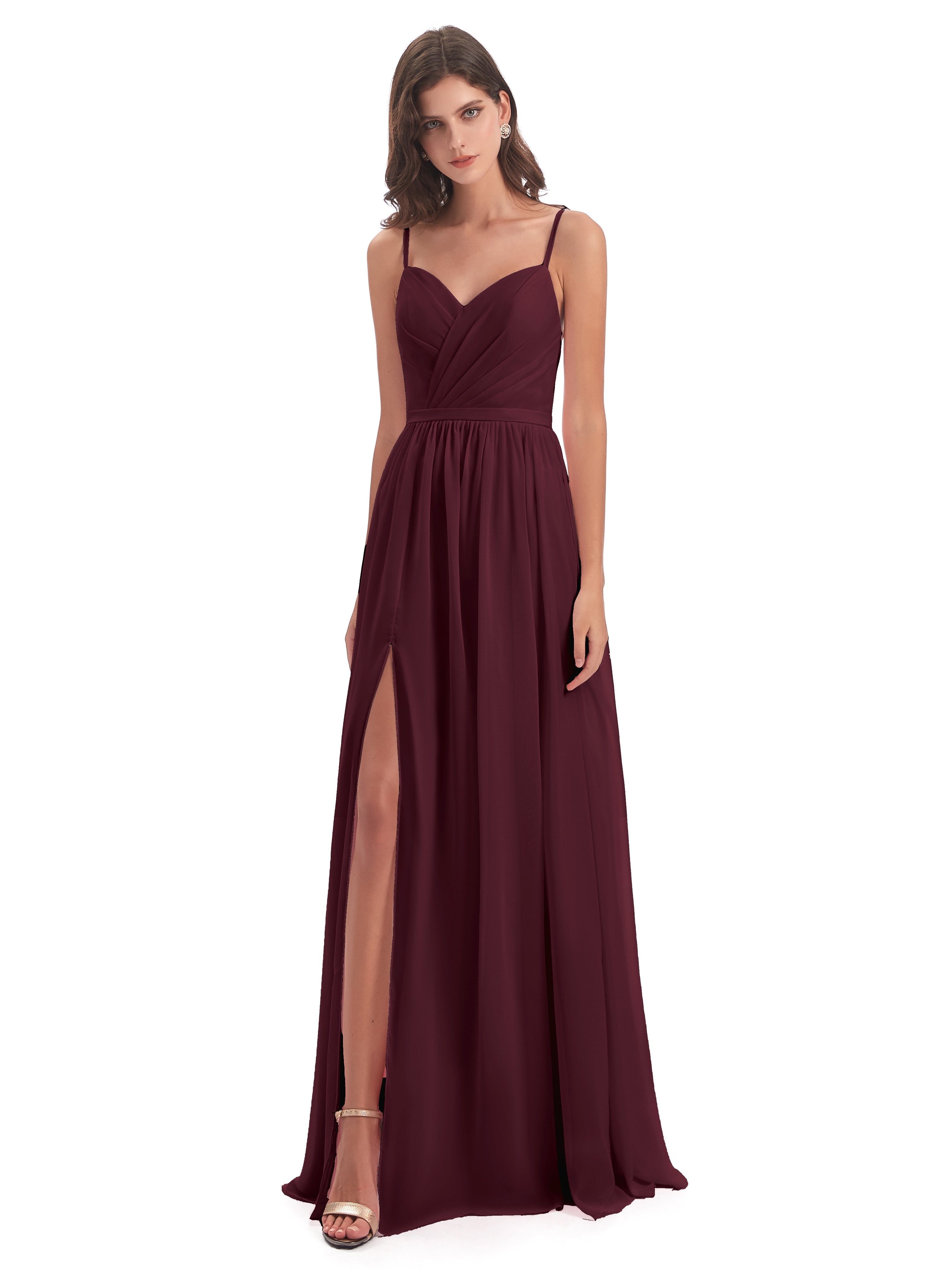 Kimora Spaghetti Straps Chiffon Long Bridesmaid Dresses with Slit