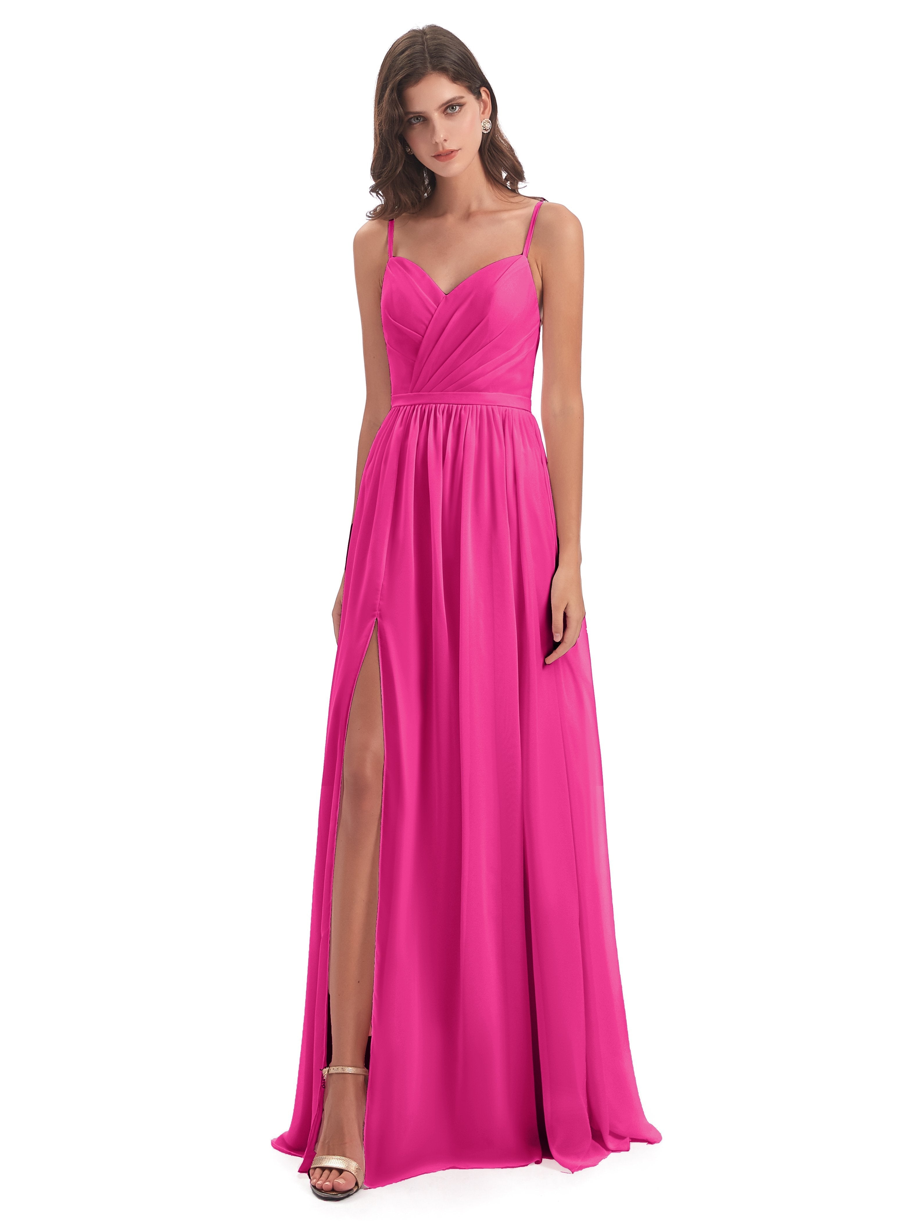 Kimora Spaghetti Straps Chiffon Long Bridesmaid Dresses with Slit