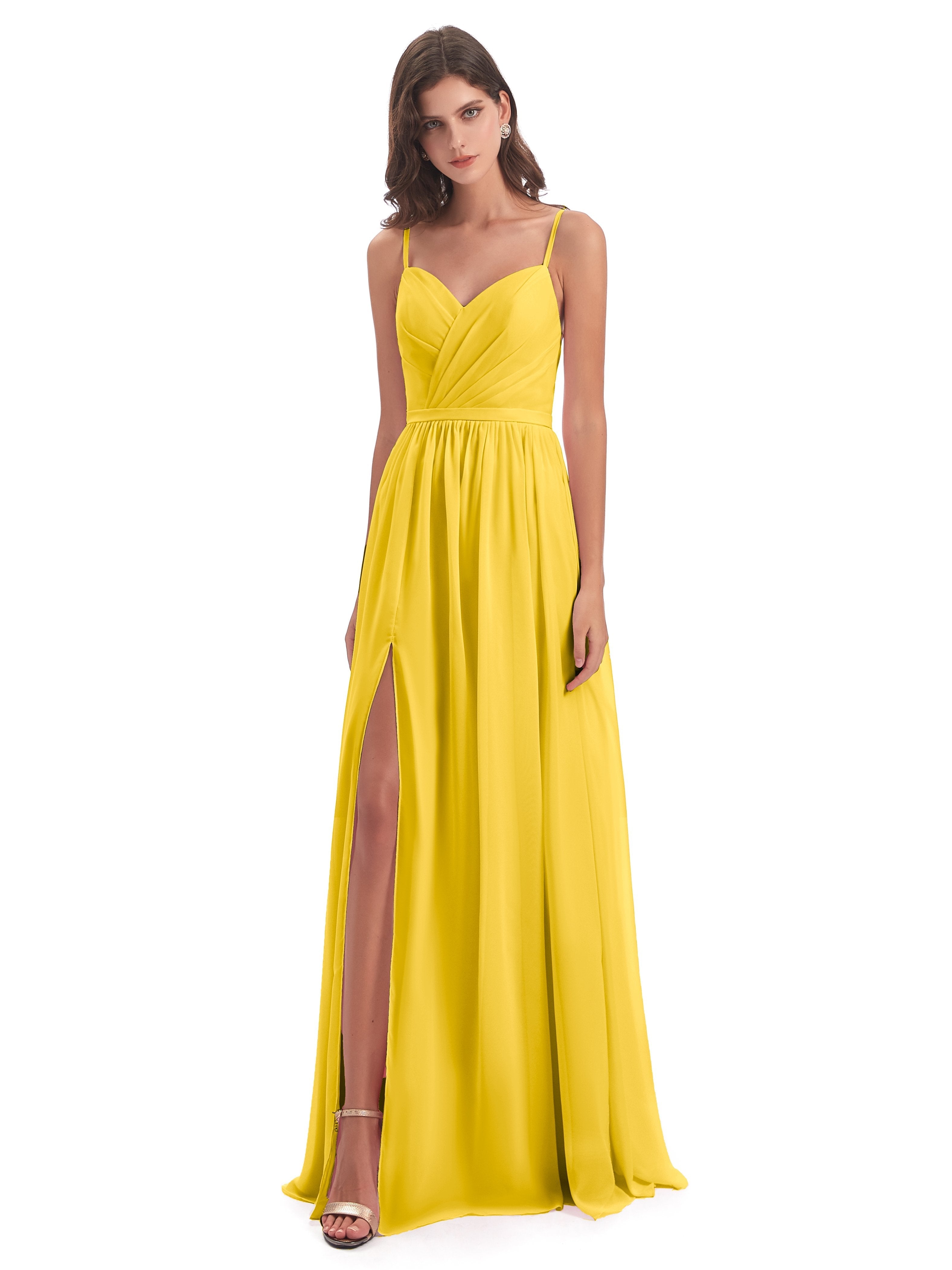 Kimora Spaghetti Straps Chiffon Long Bridesmaid Dresses with Slit