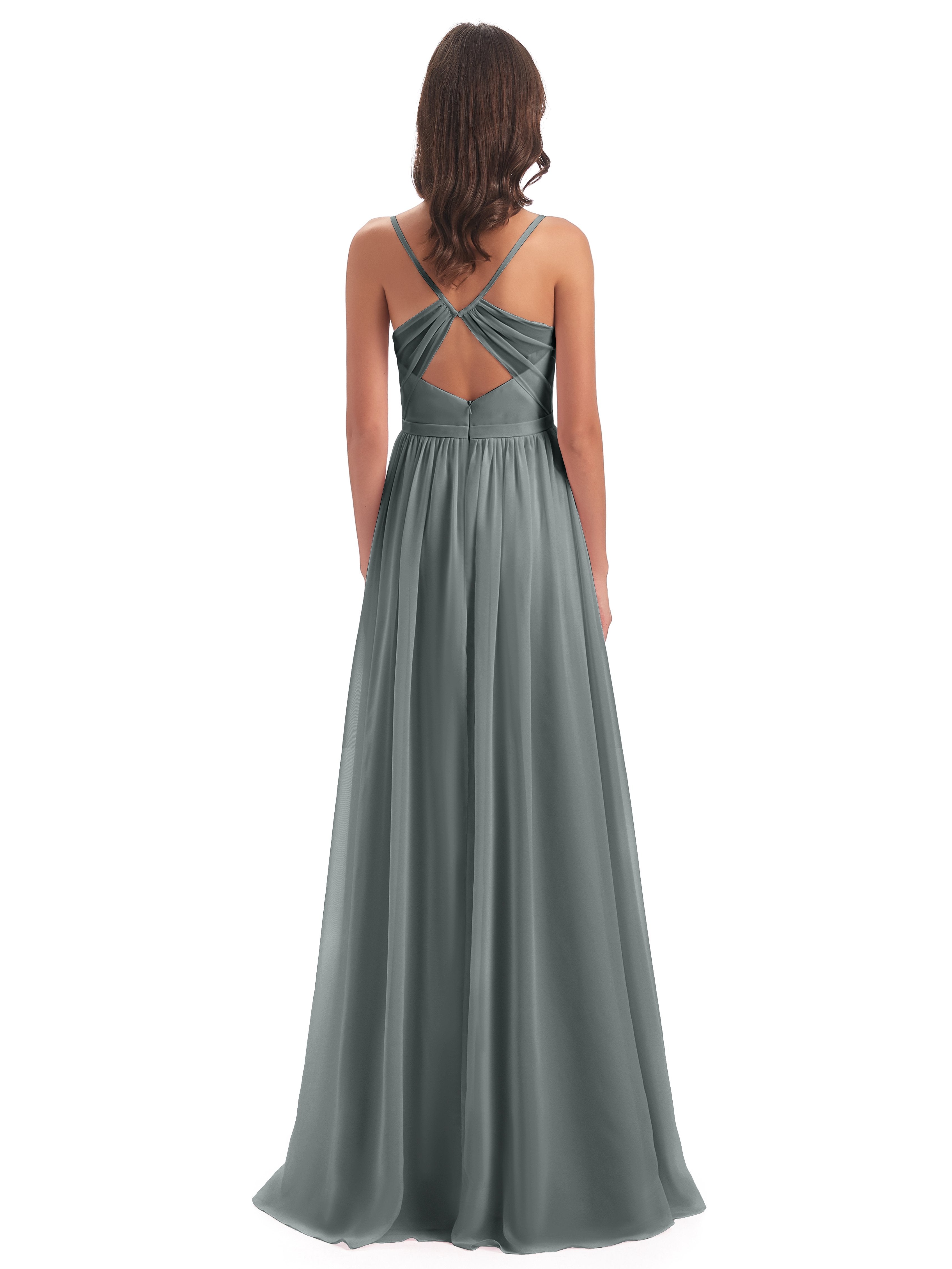 Kimora Spaghetti Straps Chiffon Long Bridesmaid Dresses with Slit