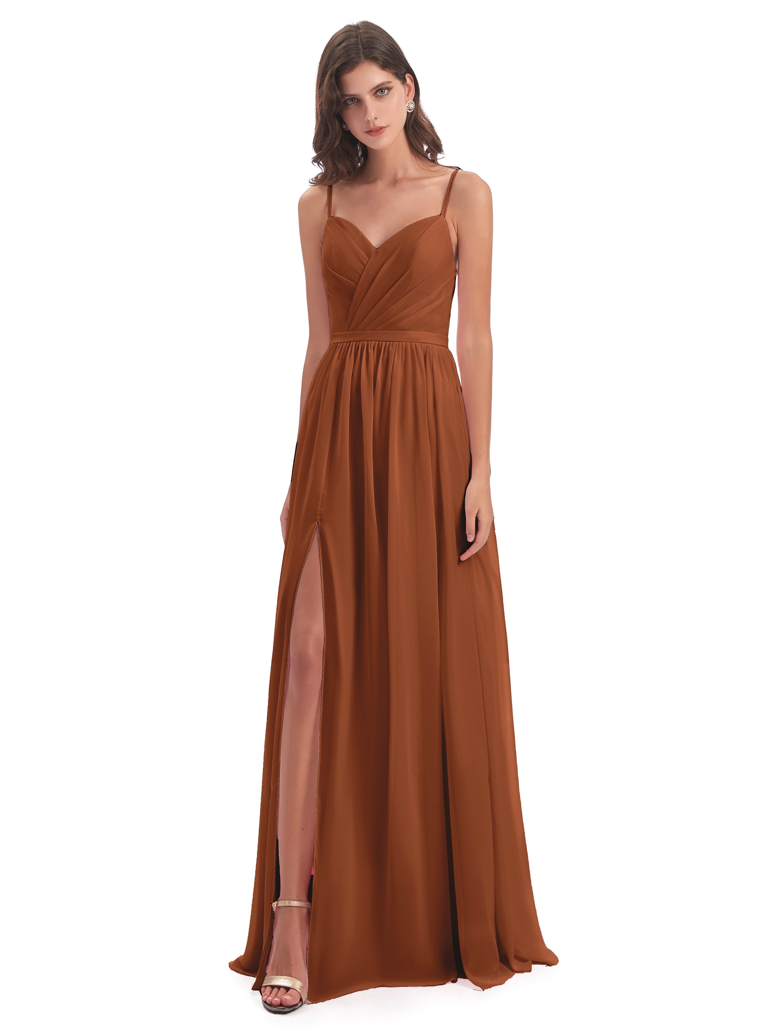 Kimora Spaghetti Straps Chiffon Long Bridesmaid Dresses with Slit