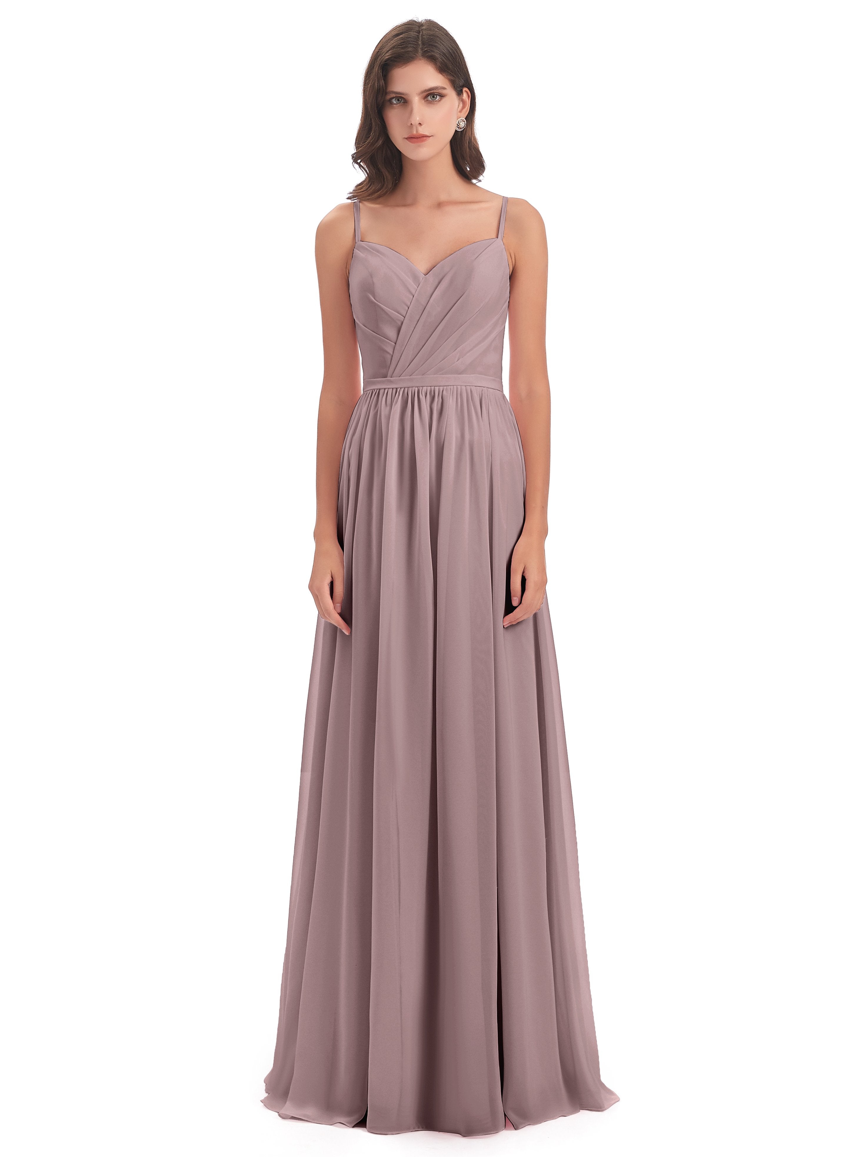 Kimora Spaghetti Straps Chiffon Long Bridesmaid Dresses with Slit