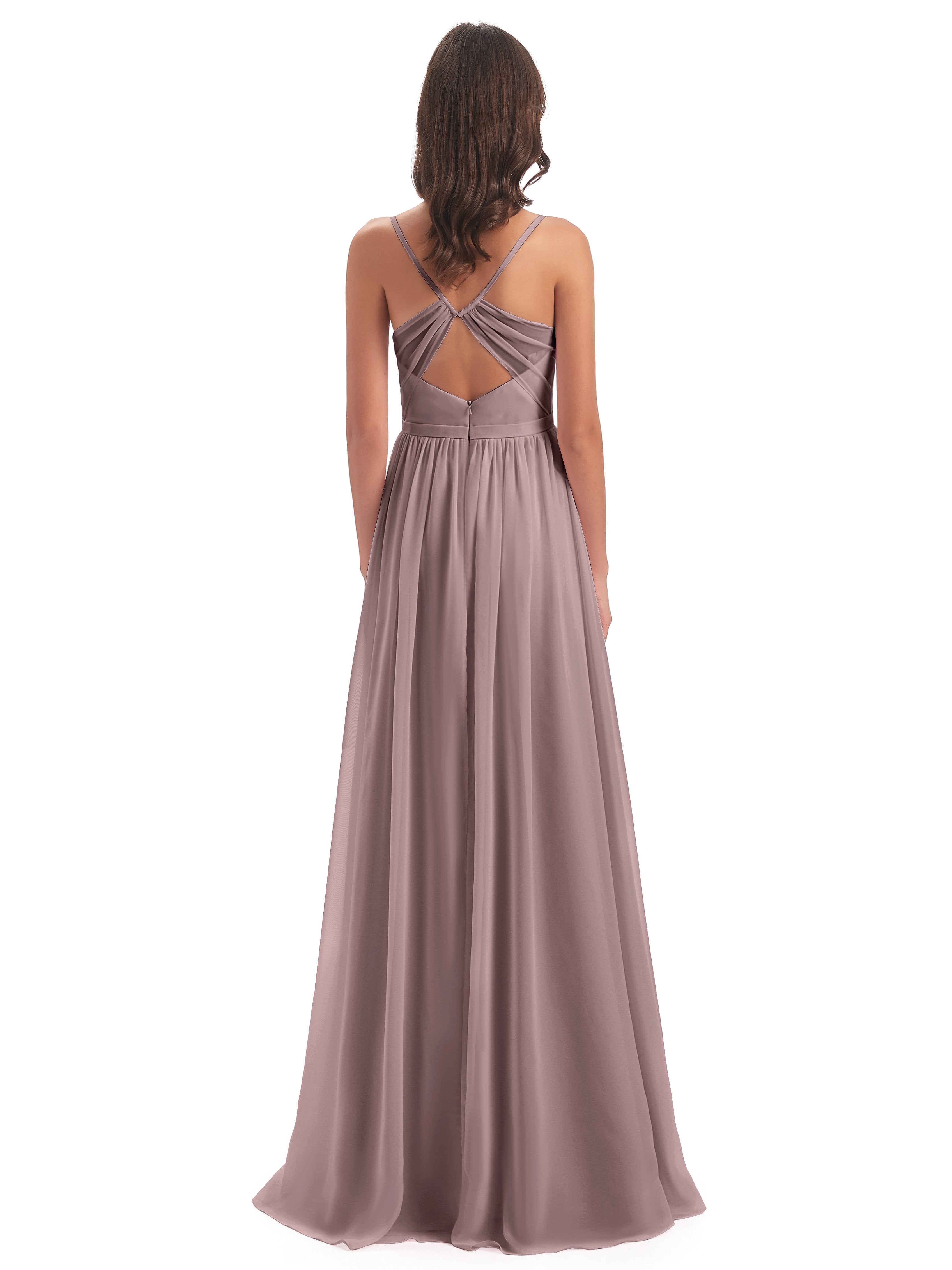 Kimora Spaghetti Straps Chiffon Long Bridesmaid Dresses with Slit
