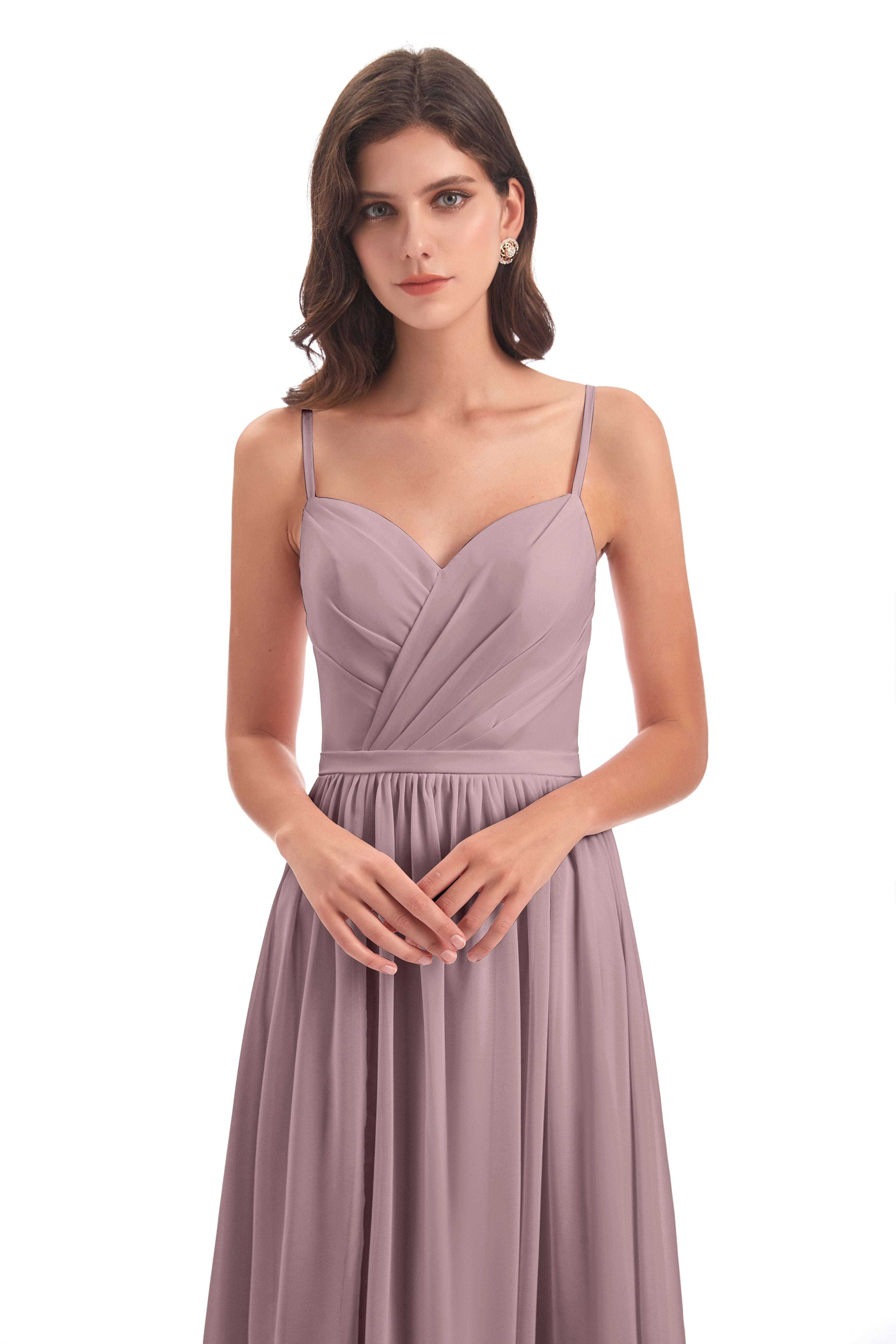 Kimora Spaghetti Straps Chiffon Long Bridesmaid Dresses with Slit