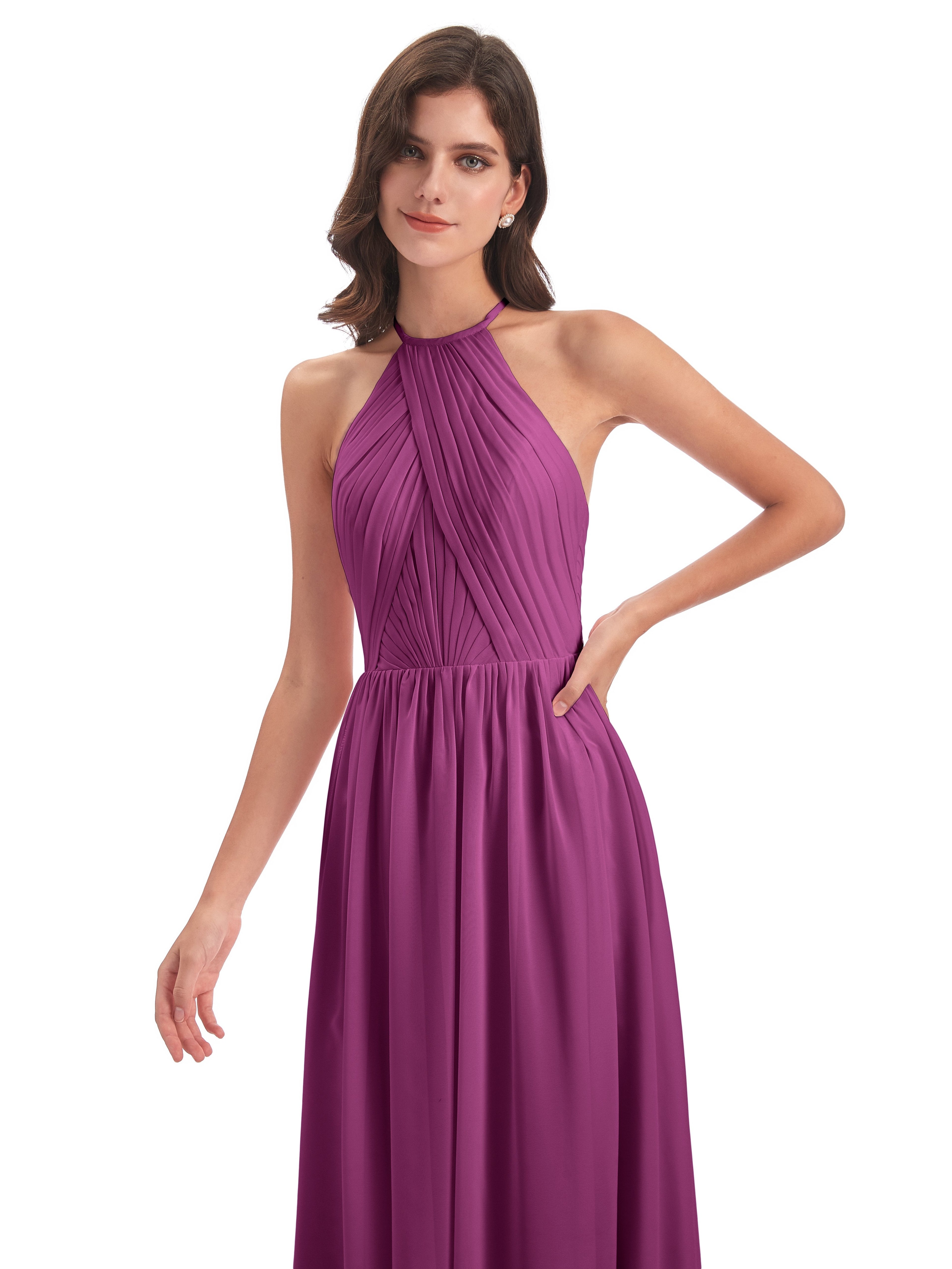 Mackenzie Halter Keyhole Lace Long Bridesmaid Dresses