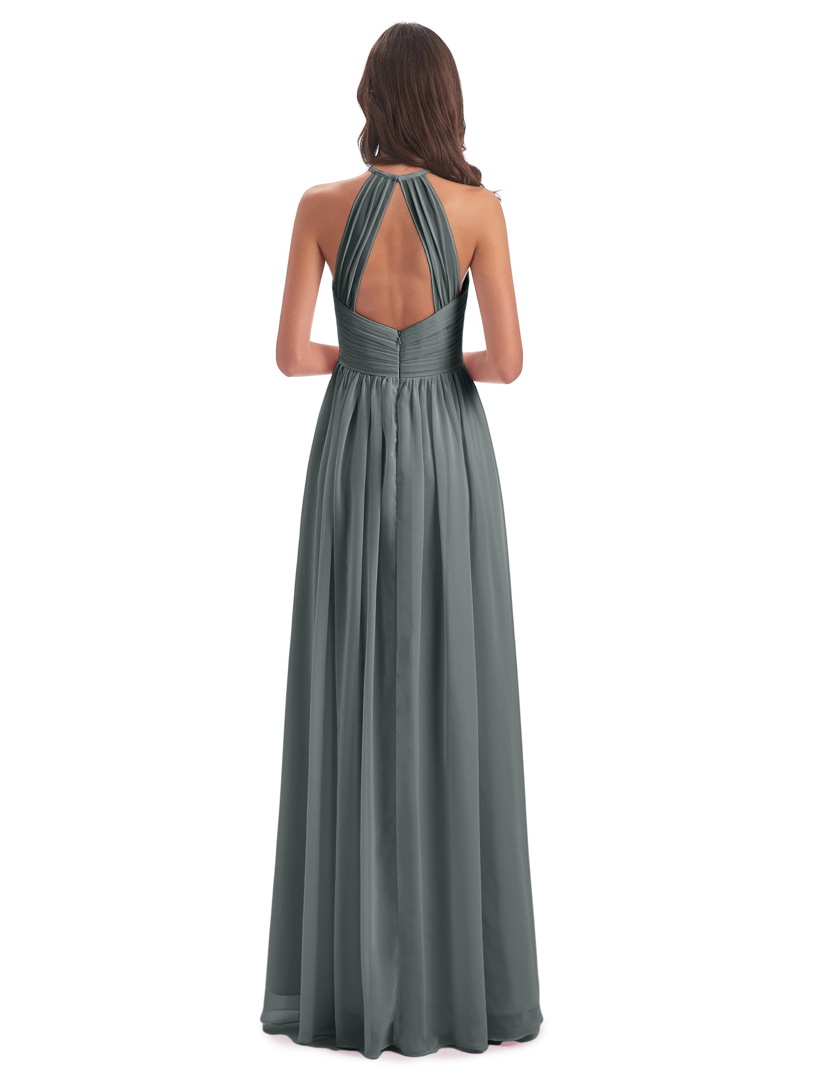 Mackenzie Halter Keyhole Lace Long Bridesmaid Dresses