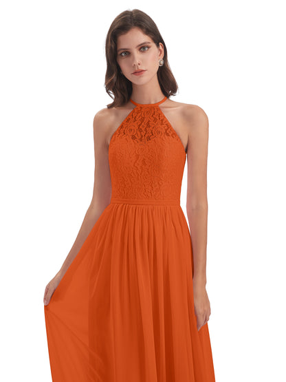 Magdalena Halter Keyhole Lace Long Bridesmaid Dresses