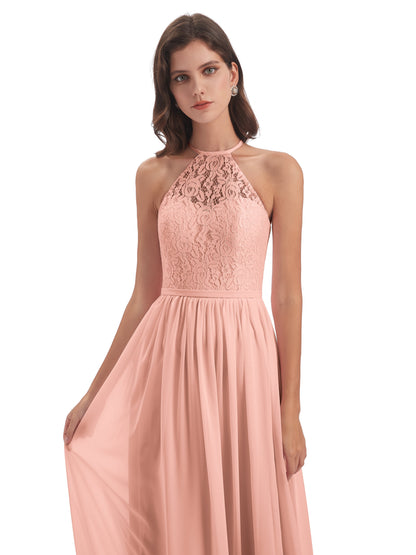 Magdalena Halter Keyhole Lace Long Bridesmaid Dresses