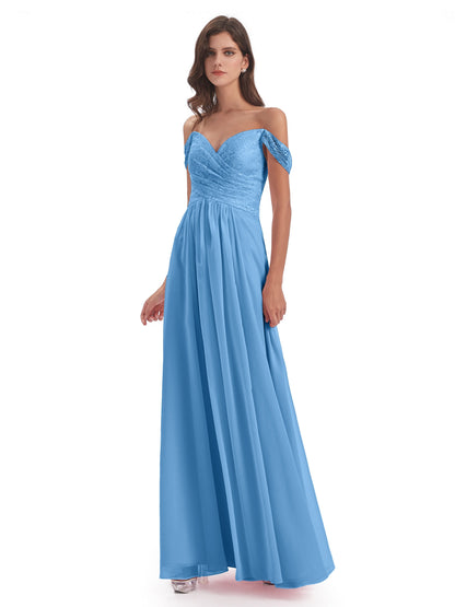 Marjorie Off The Shoulder Open Back Chiffon Long Bridesmaid Dresses