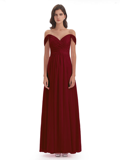 Marjorie Off The Shoulder Open Back Chiffon Long Bridesmaid Dresses