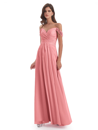 Marjorie Off The Shoulder Open Back Chiffon Long Bridesmaid Dresses