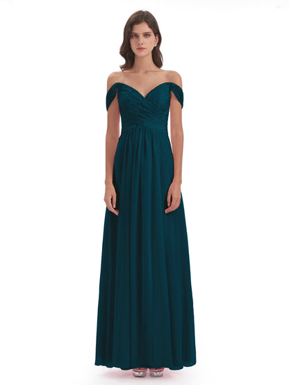 Marjorie Off The Shoulder Open Back Chiffon Long Bridesmaid Dresses