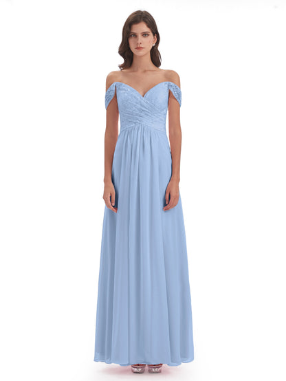 Marjorie Off The Shoulder Open Back Chiffon Long Bridesmaid Dresses