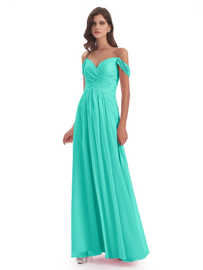 Marjorie Off The Shoulder Open Back Chiffon Long Bridesmaid Dresses