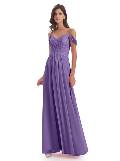 Marjorie Off The Shoulder Open Back Chiffon Long Bridesmaid Dresses