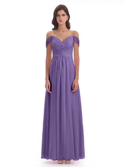 Marjorie Off The Shoulder Open Back Chiffon Long Bridesmaid Dresses
