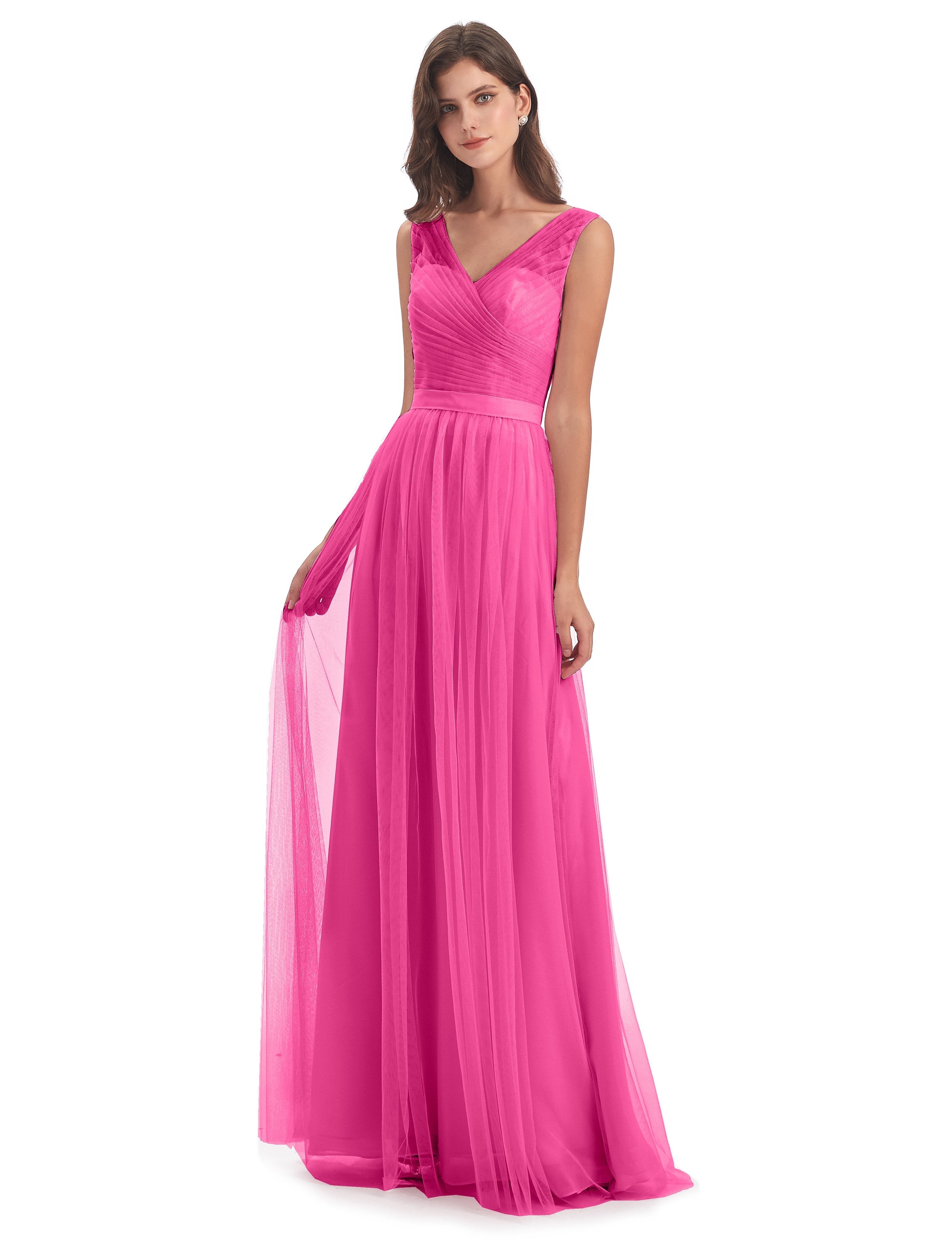 Mila Floor Length V-Neck Tulle Bridesmaid Dresses