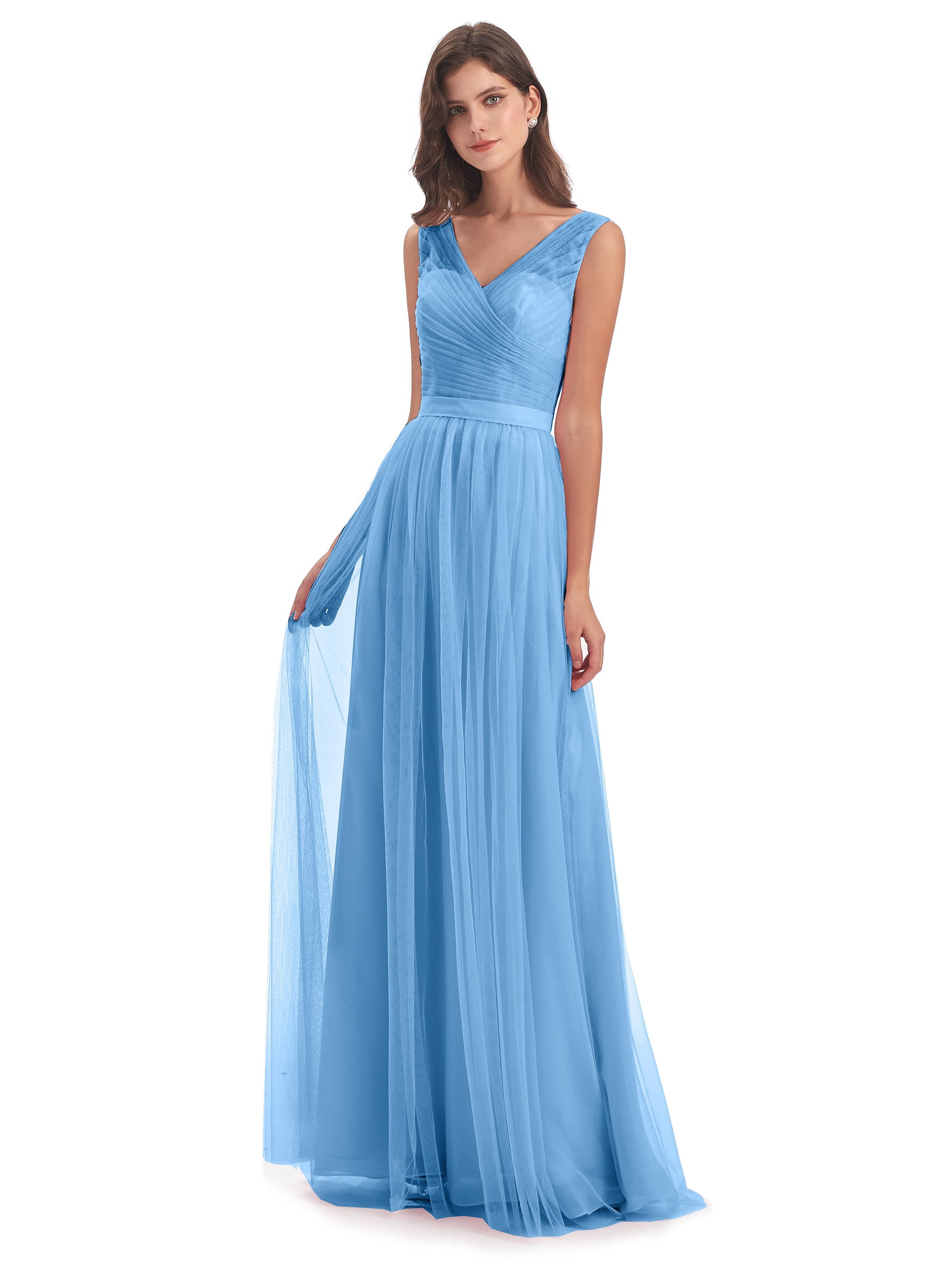 Mila Floor Length V-Neck Tulle Bridesmaid Dresses