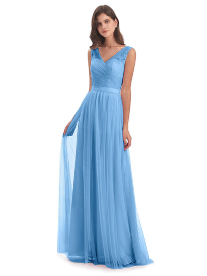 Mila Floor Length V-Neck Tulle Bridesmaid Dresses
