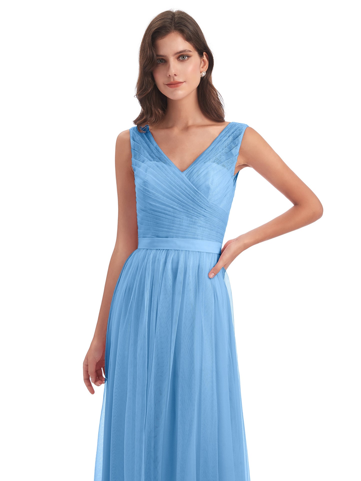 Mila Floor Length V-Neck Tulle Bridesmaid Dresses