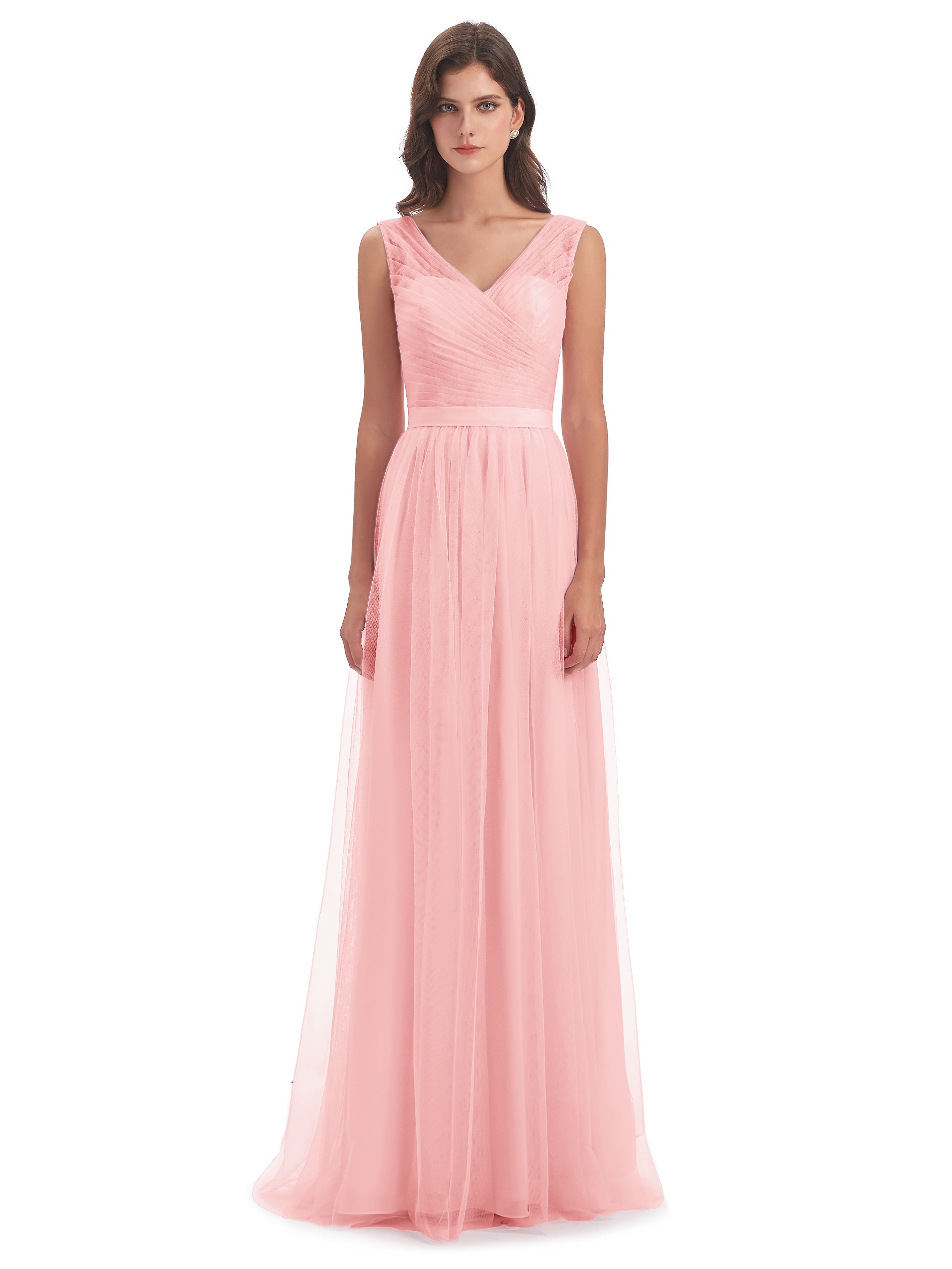 Mila Floor Length V-Neck Tulle Bridesmaid Dresses
