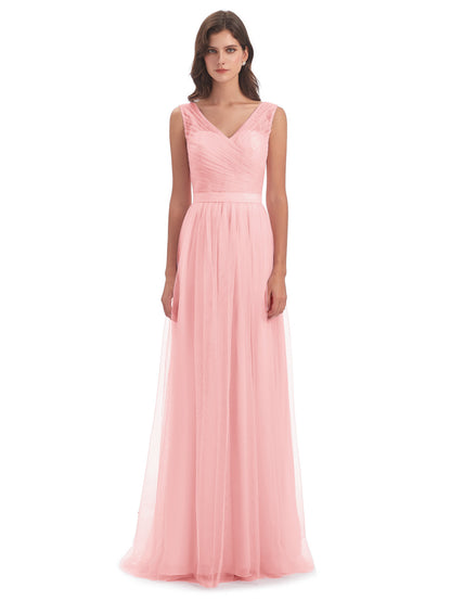 Mila Floor Length V-Neck Tulle Bridesmaid Dresses