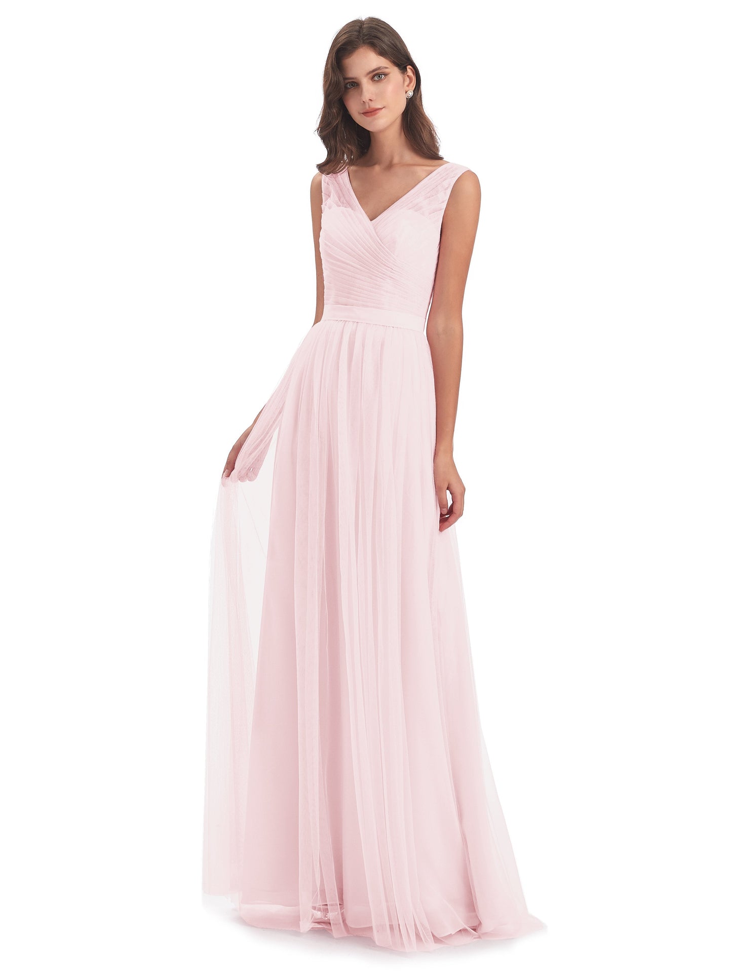 Mila Floor Length V-Neck Tulle Bridesmaid Dresses