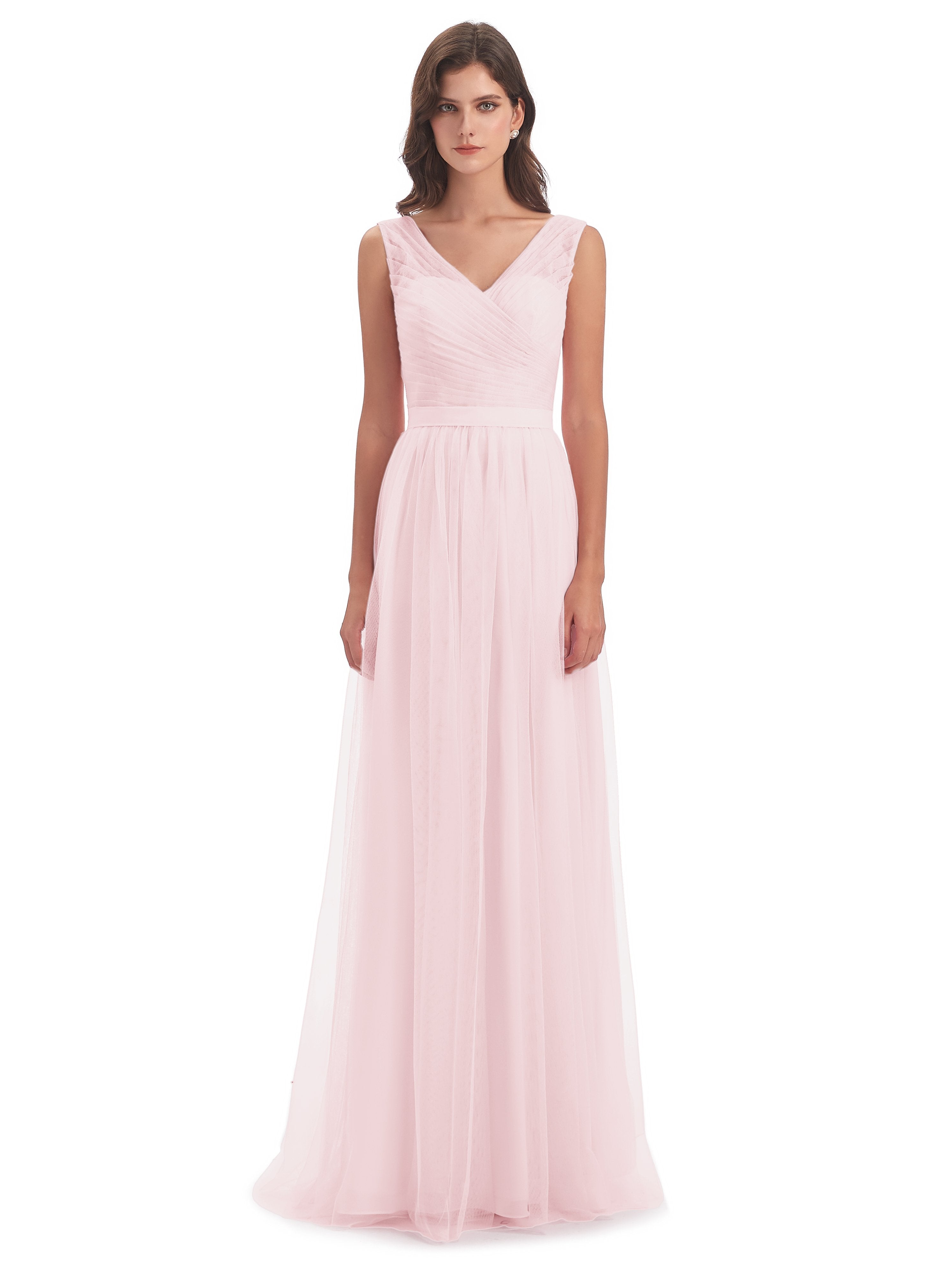 Mila Floor Length V-Neck Tulle Bridesmaid Dresses