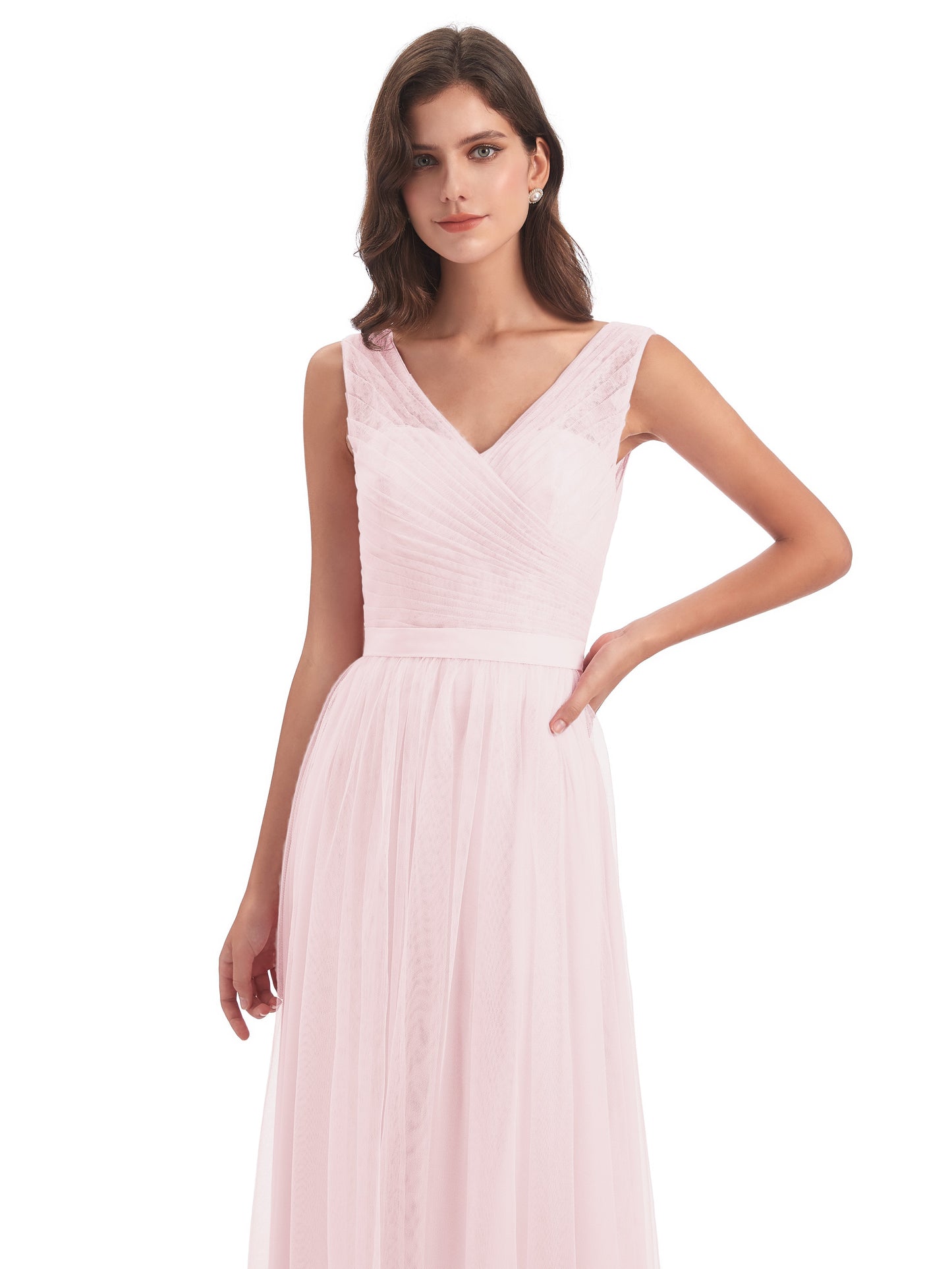 Mila Floor Length V-Neck Tulle Bridesmaid Dresses