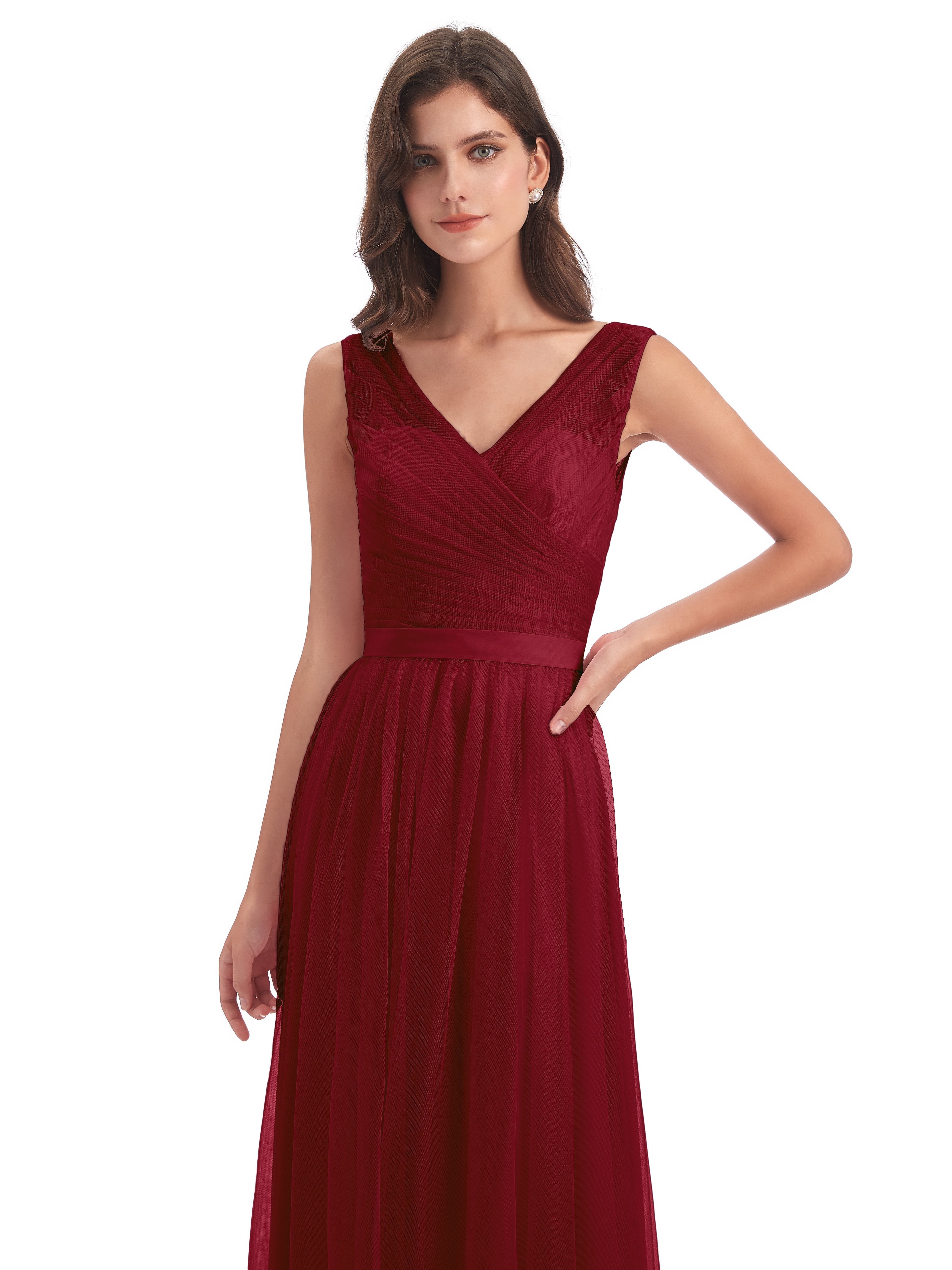 Mila Floor Length V-Neck Tulle Bridesmaid Dresses