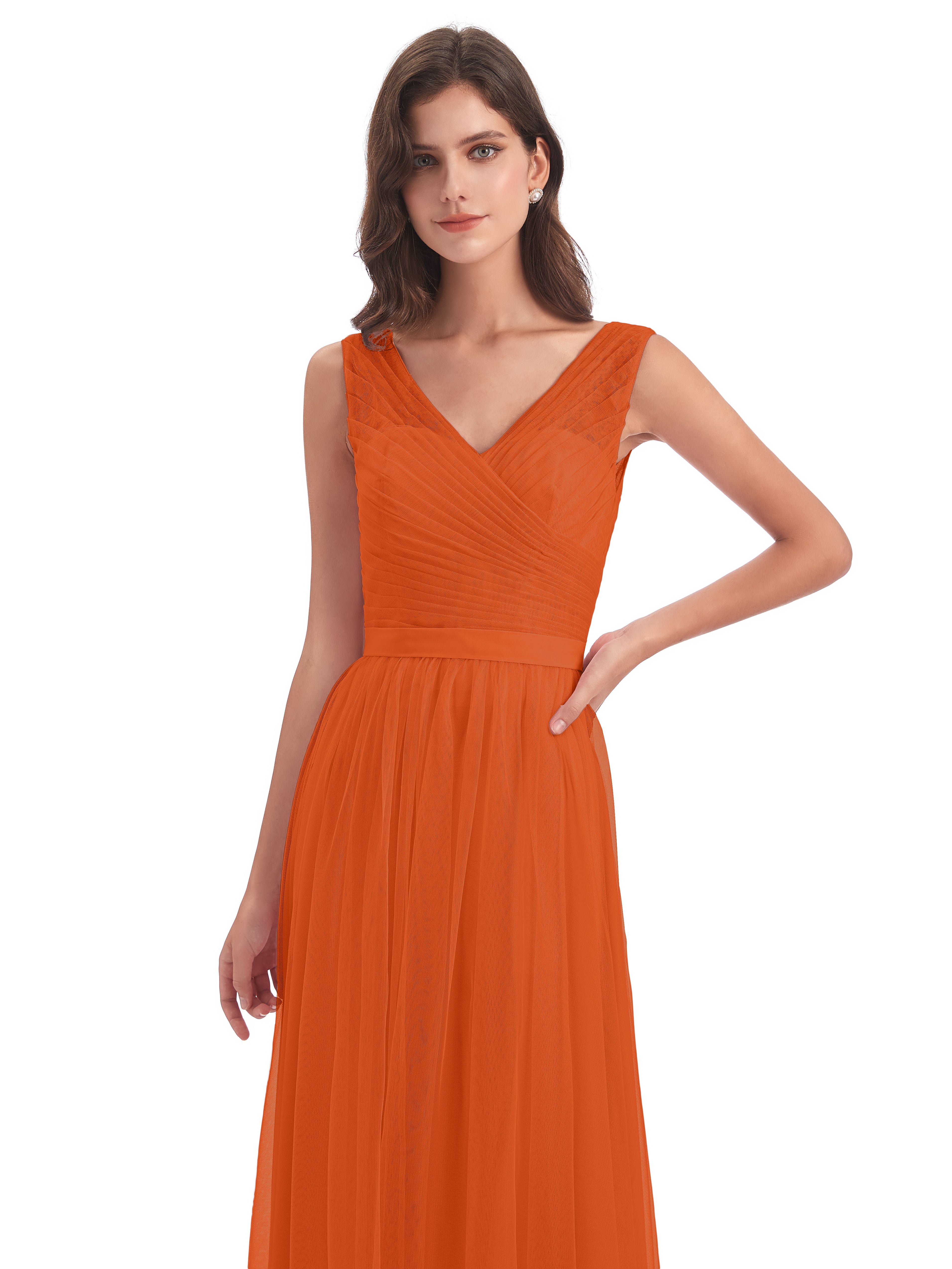 Mila Floor Length V-Neck Tulle Bridesmaid Dresses