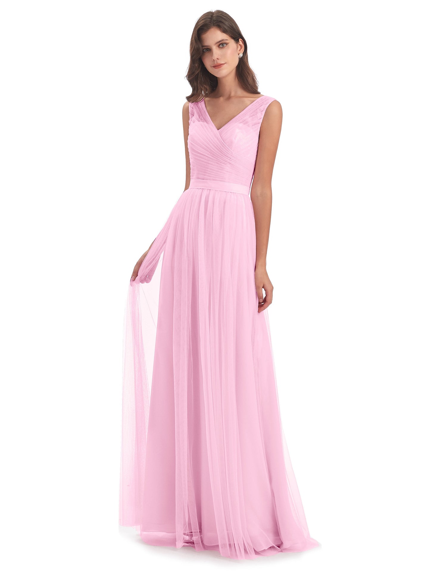 Mila Floor Length V-Neck Tulle Bridesmaid Dresses