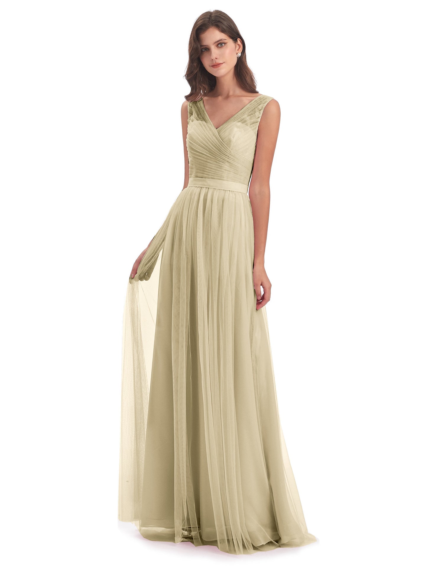 Mila Floor Length V-Neck Tulle Bridesmaid Dresses