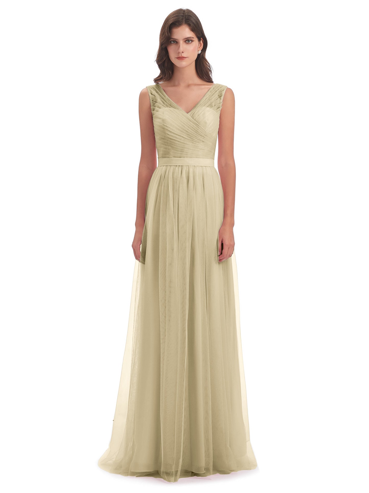 Mila Floor Length V-Neck Tulle Bridesmaid Dresses