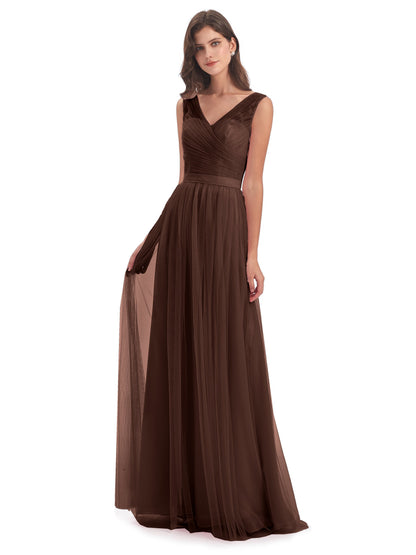 Mila Floor Length V-Neck Tulle Bridesmaid Dresses
