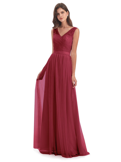 Mila Floor Length V-Neck Tulle Bridesmaid Dresses